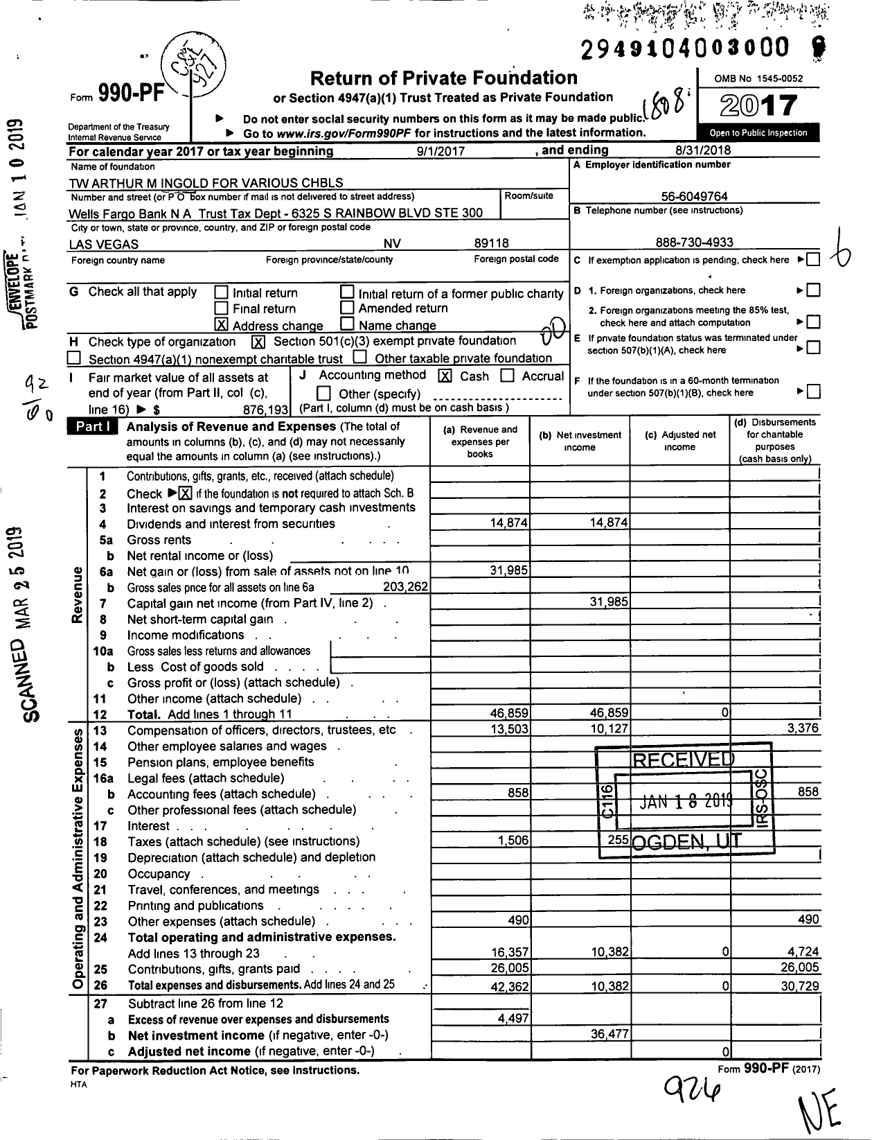 Image of first page of 2017 Form 990PF for TW Arthur M Ingold for Various CHBLS