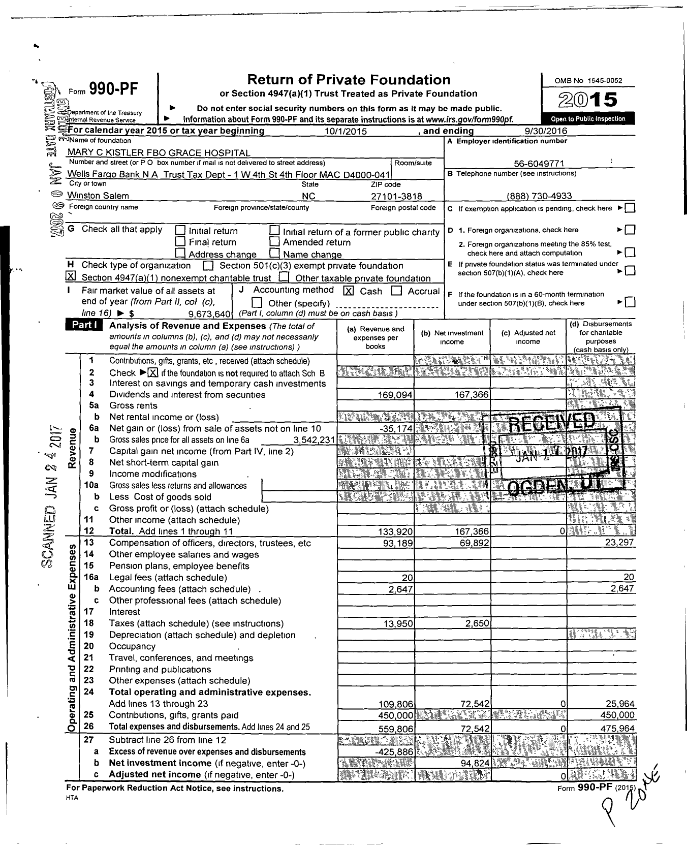Image of first page of 2015 Form 990PF for Mary C Kistler Fbo Grace Hospital
