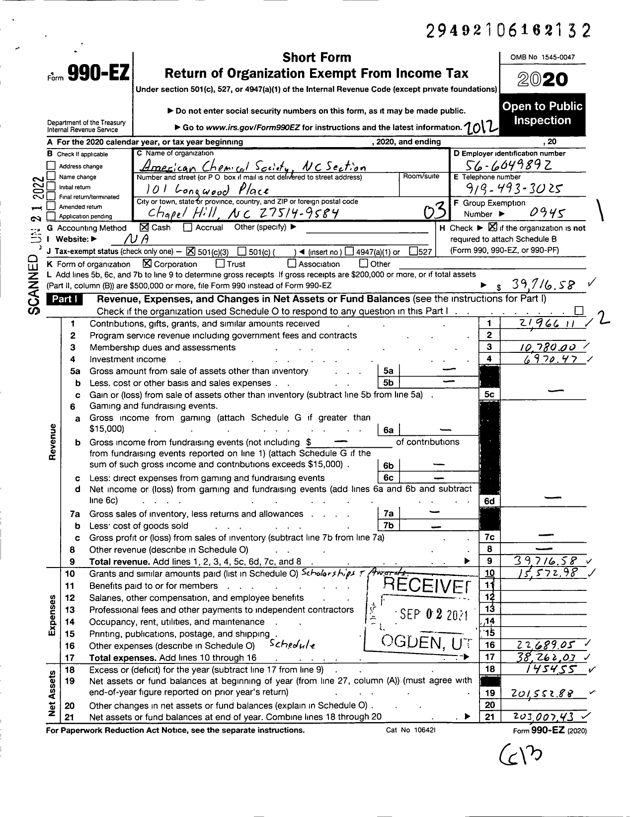 Image of first page of 2020 Form 990EZ for American Chemical Society - North Carolina Section