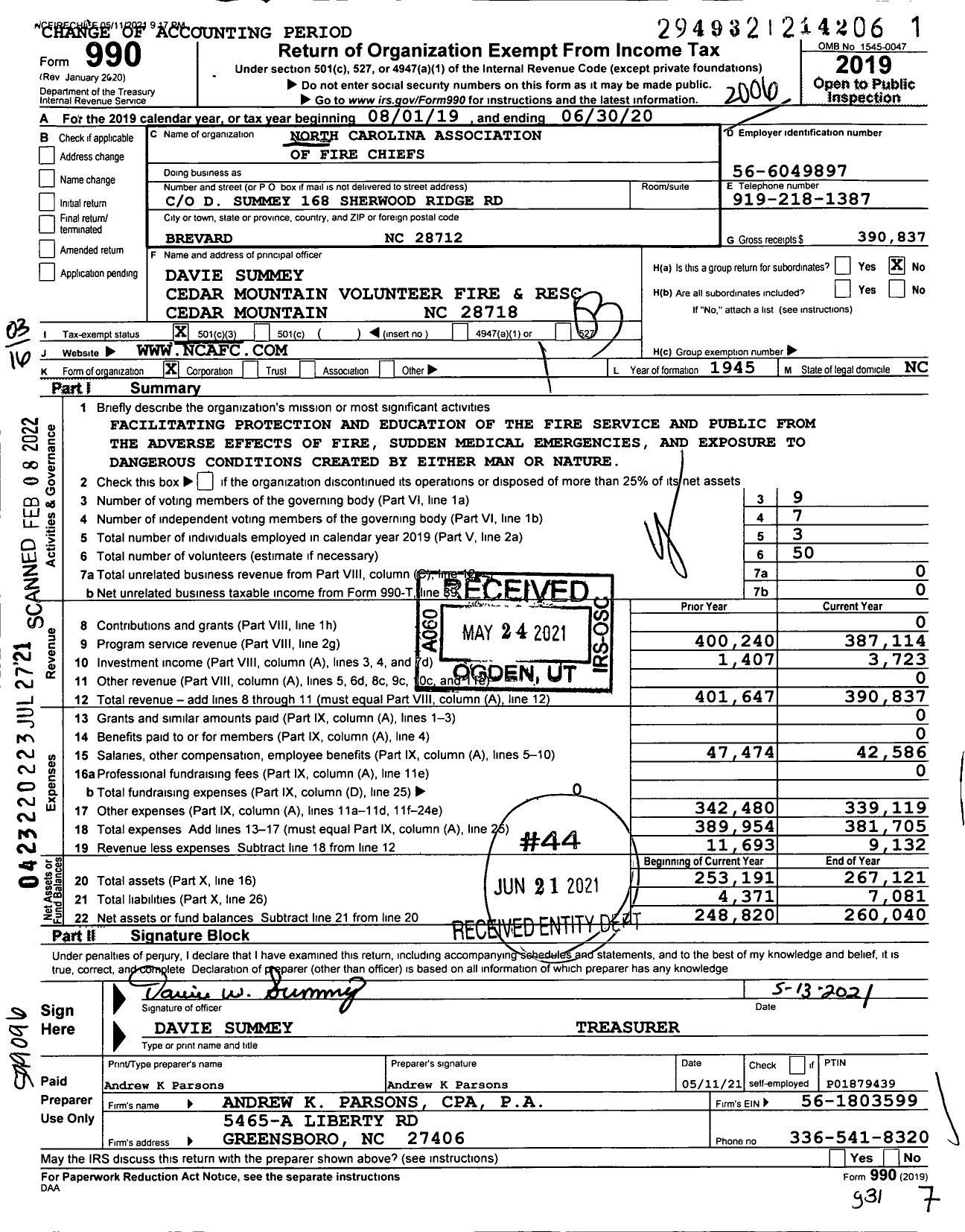 Image of first page of 2019 Form 990 for North Carolina Association of Fire Chiefs