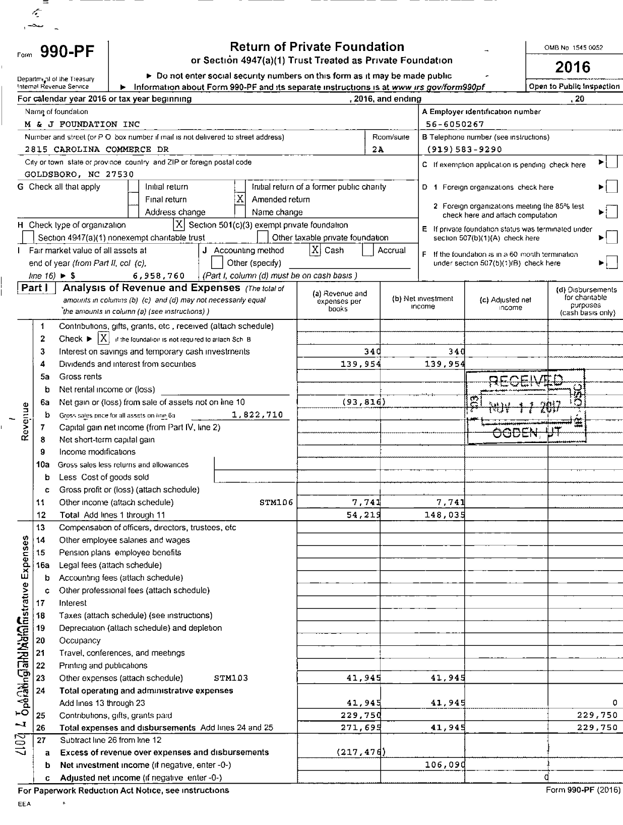 Image of first page of 2016 Form 990PF for M and J Foundation