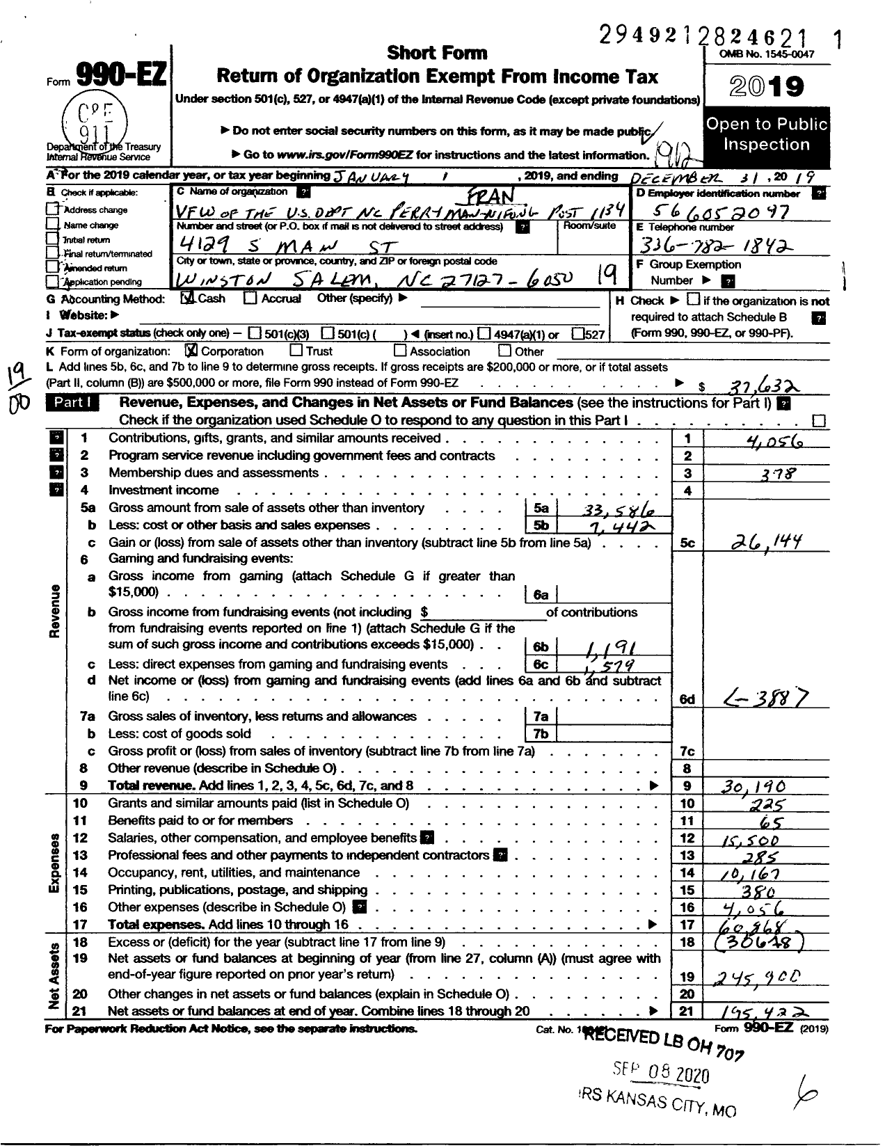 Image of first page of 2019 Form 990EO for VFW of the Us Dept of Perryman Nifong Post 1134