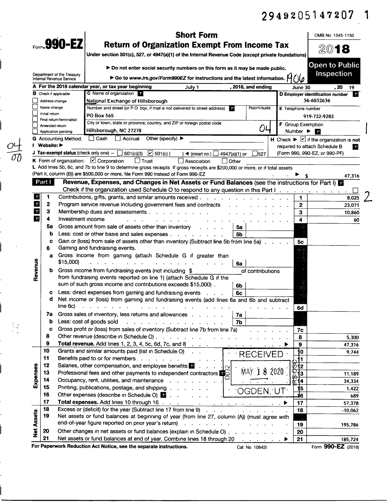 Image of first page of 2018 Form 990EO for National Exchange Club - 1857 Hillsborough