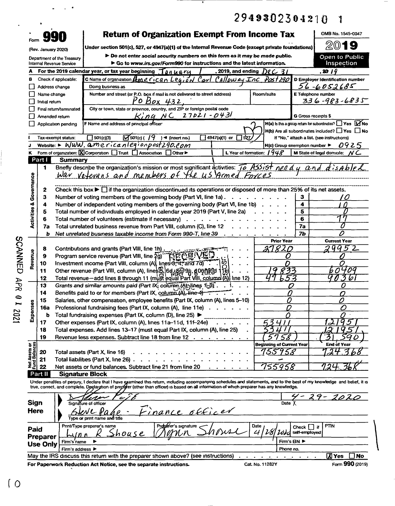 Image of first page of 2019 Form 990 for American Legion - Carl Calloway Inc 0290