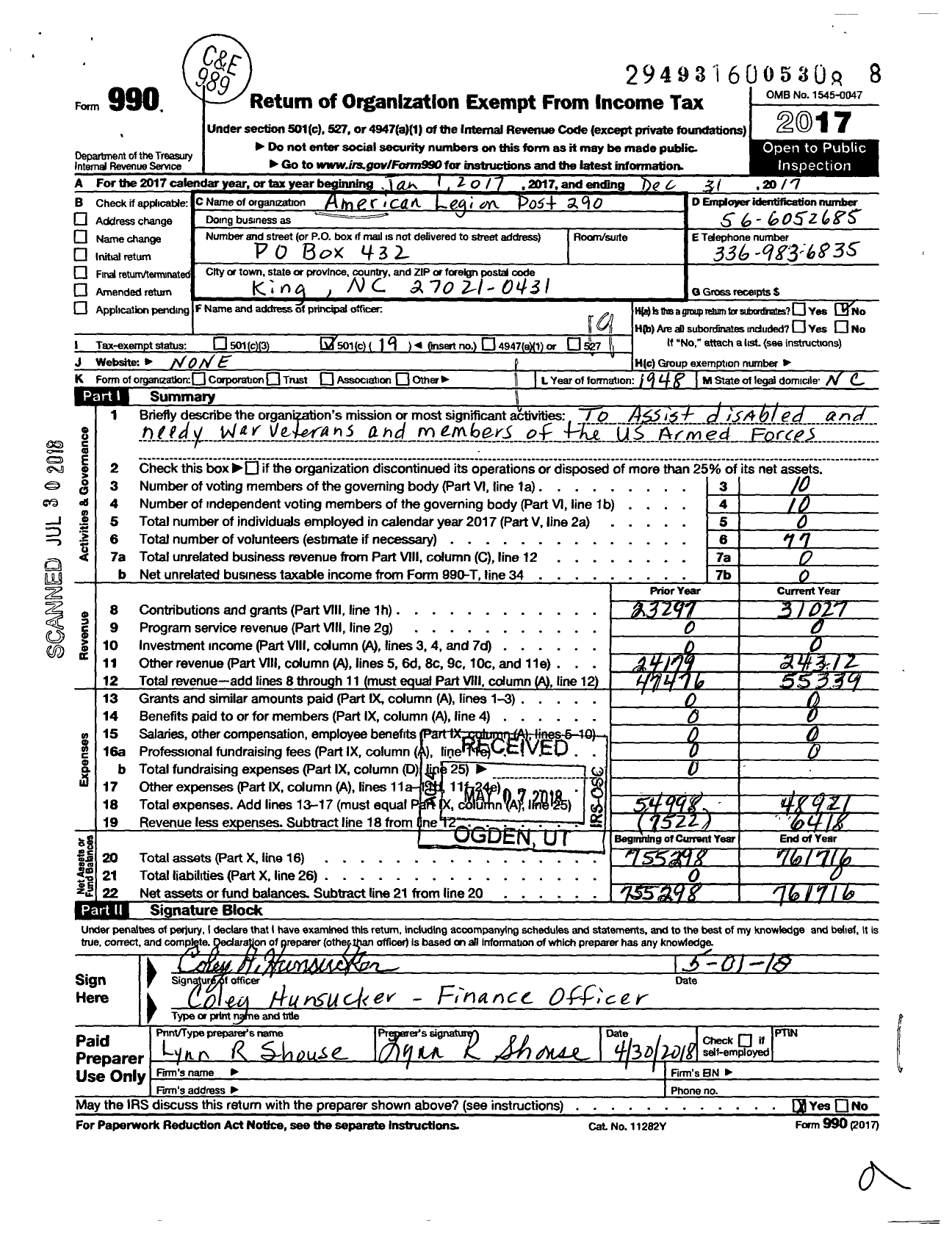 Image of first page of 2017 Form 990O for American Legion - Carl Calloway Inc 0290