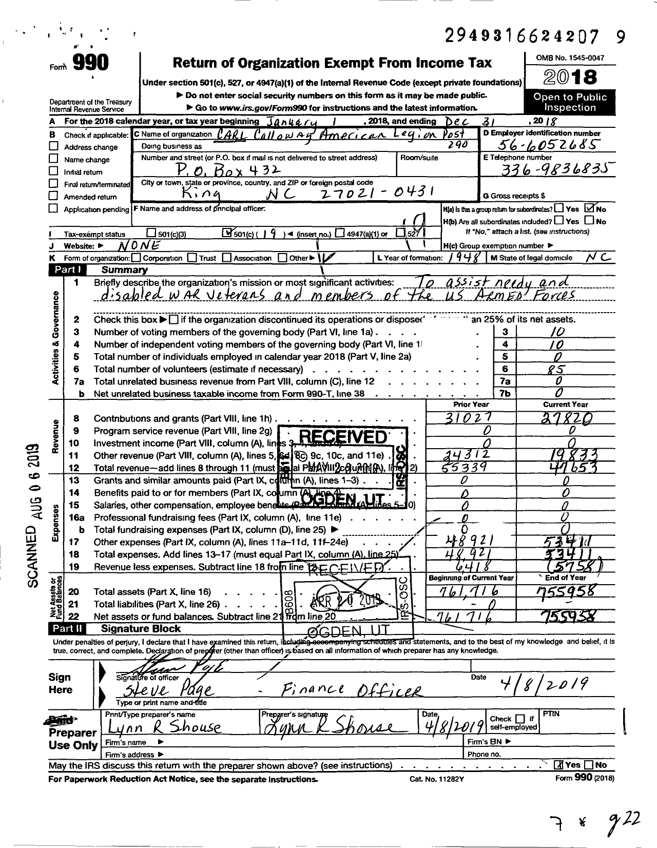 Image of first page of 2018 Form 990O for American Legion - Carl Calloway Inc 0290