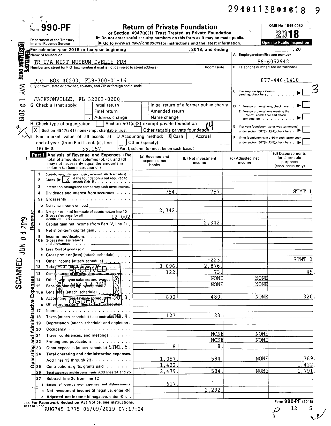 Image of first page of 2018 Form 990PF for Mary &amp Harold C Dwelle Trust Mint Museum