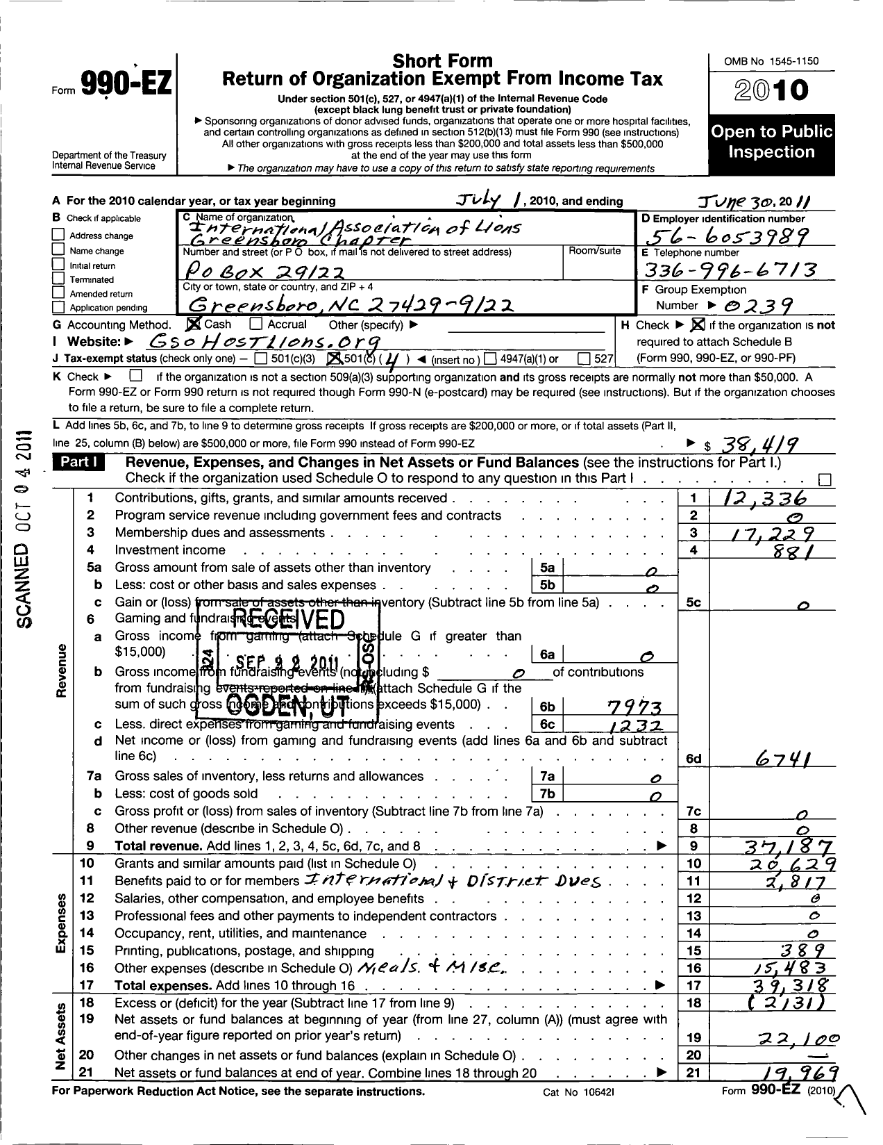 Image of first page of 2010 Form 990EO for Lions Clubs - 11453 Greensboro