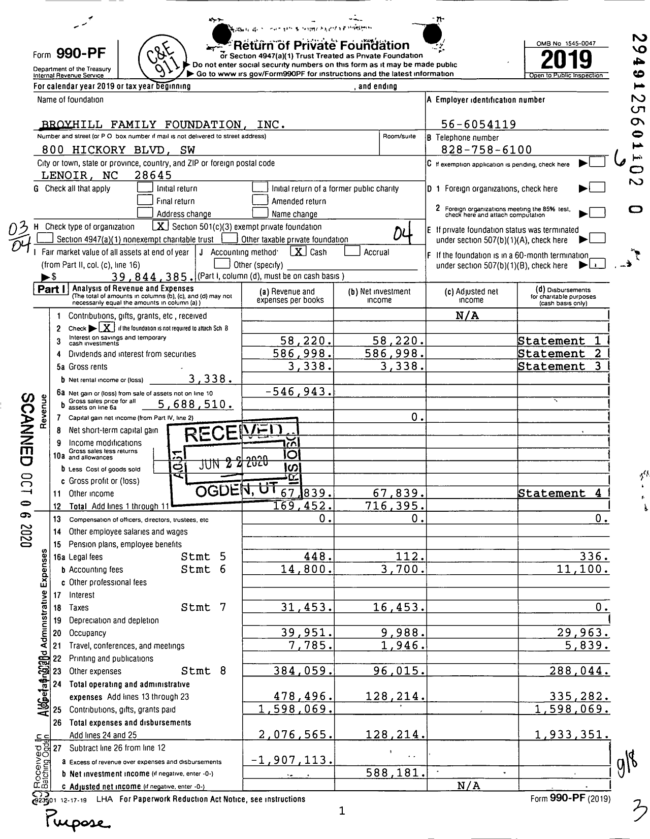 Image of first page of 2019 Form 990PR for Broyhill Family Foundation