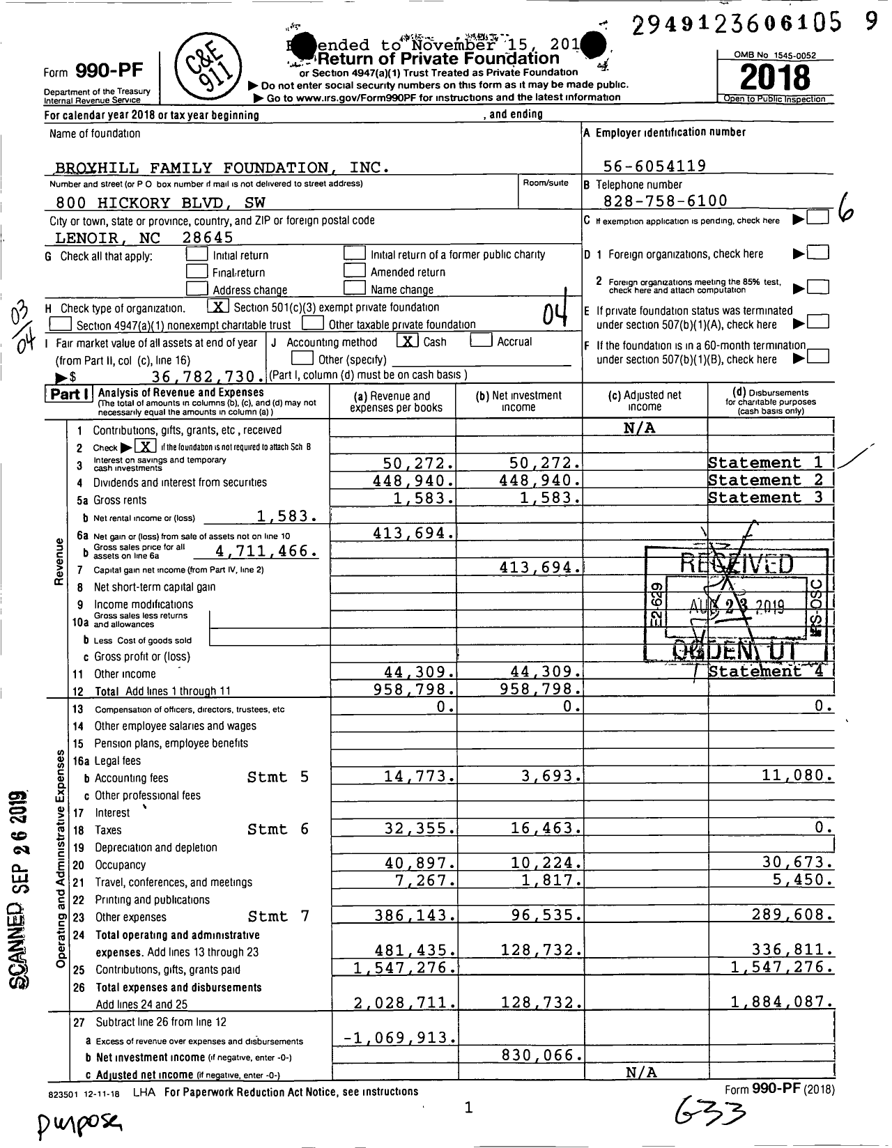 Image of first page of 2018 Form 990PF for Broyhill Family Foundation