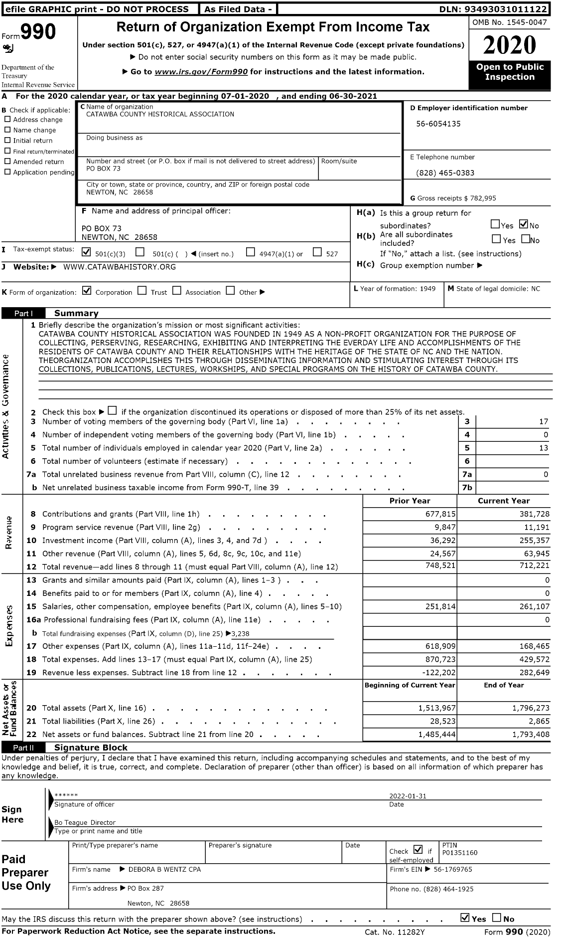 Image of first page of 2020 Form 990 for Catawba County Historical Association