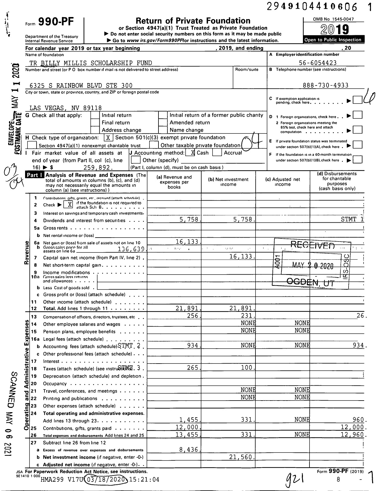 Image of first page of 2019 Form 990PF for TR Billy Millis Scholarship Fund