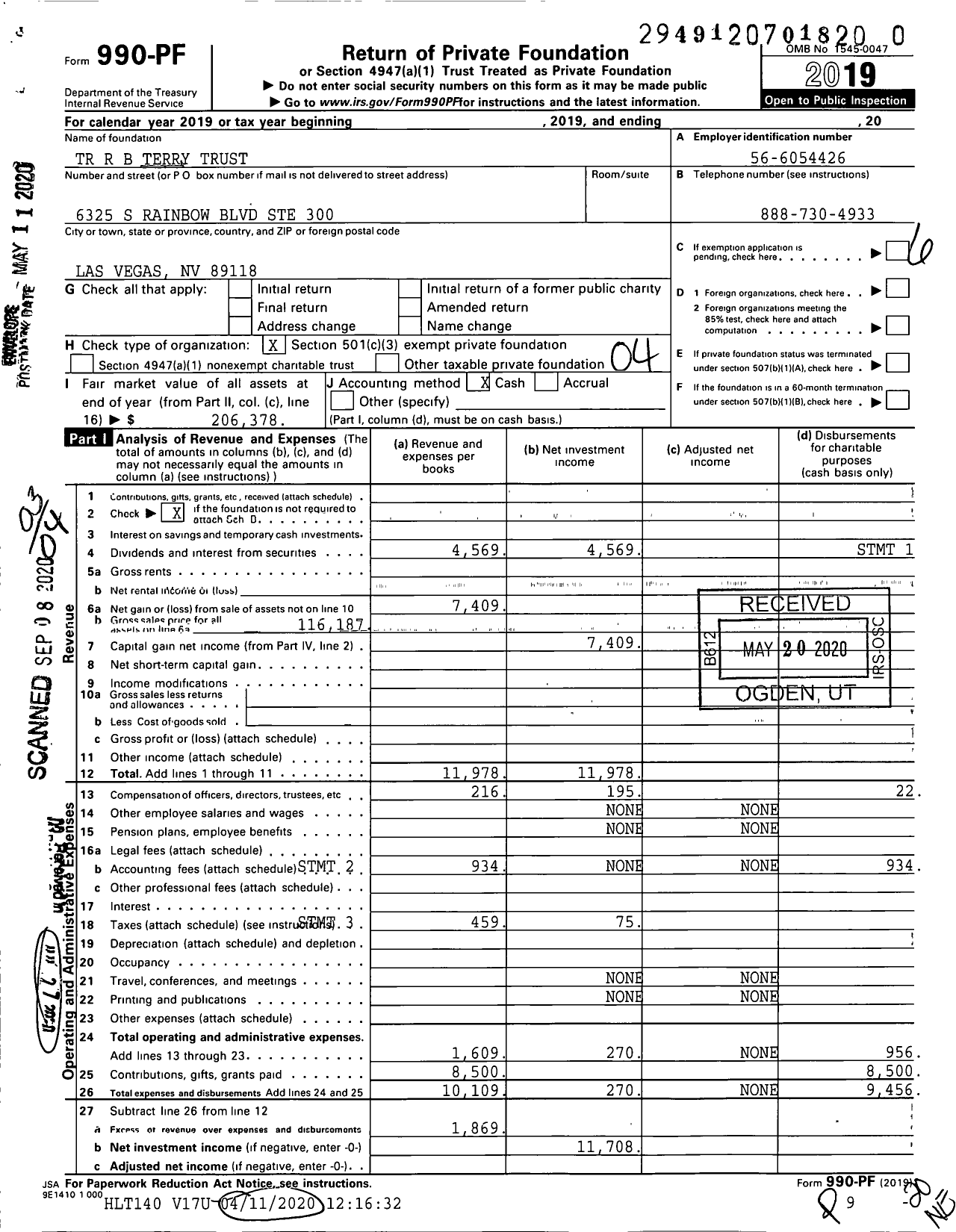 Image of first page of 2019 Form 990PR for TR R B Terry Trust