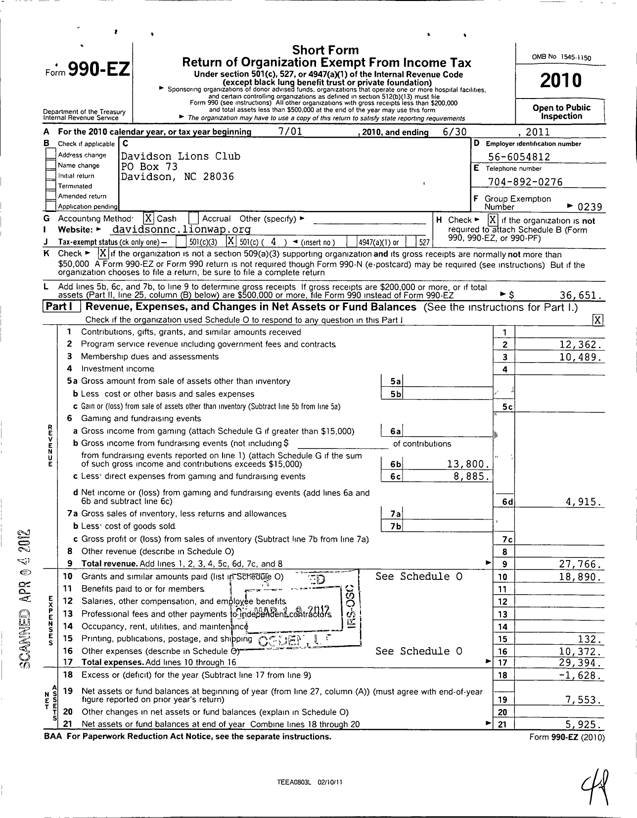 Image of first page of 2010 Form 990EO for Lions Clubs - 11410 Davidson