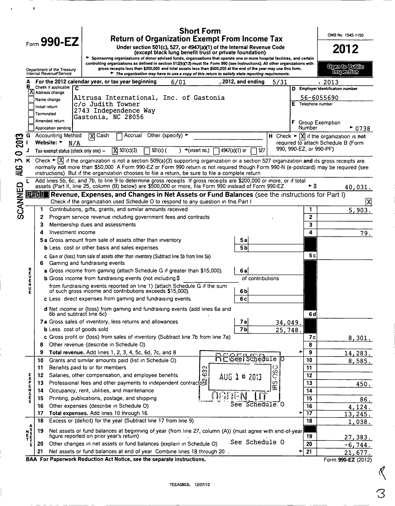 Image of first page of 2012 Form 990EZ for Altrusa International / Gastonia