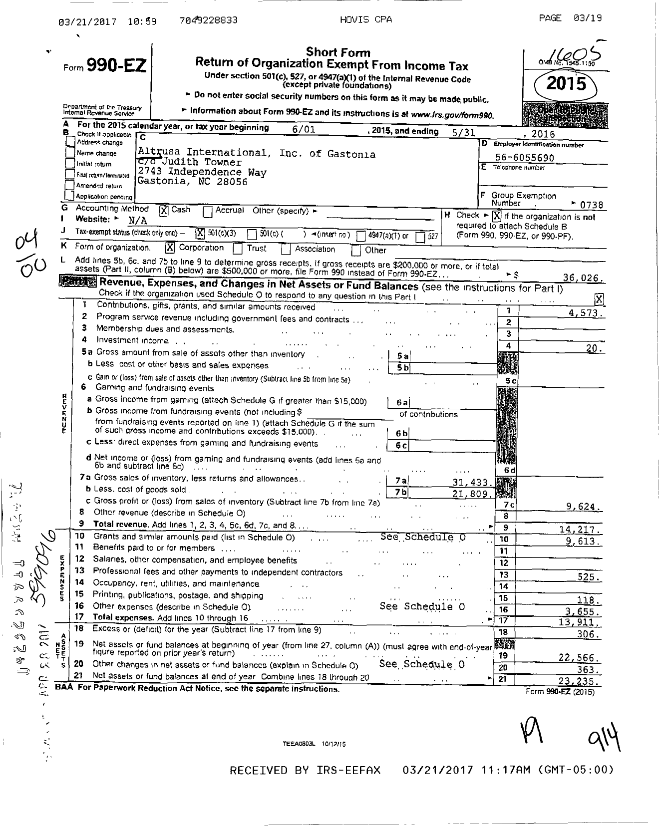 Image of first page of 2015 Form 990EZ for Altrusa International / Gastonia