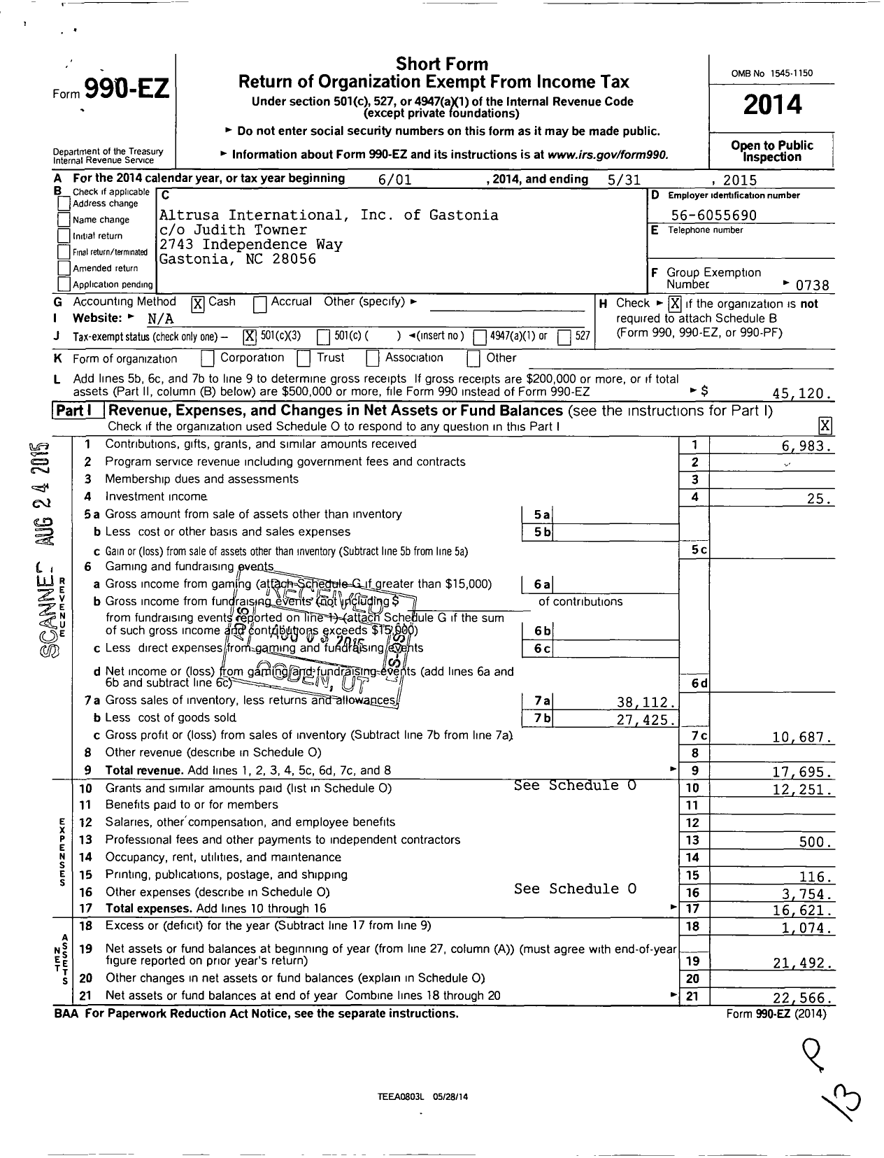 Image of first page of 2014 Form 990EZ for Altrusa International / Gastonia