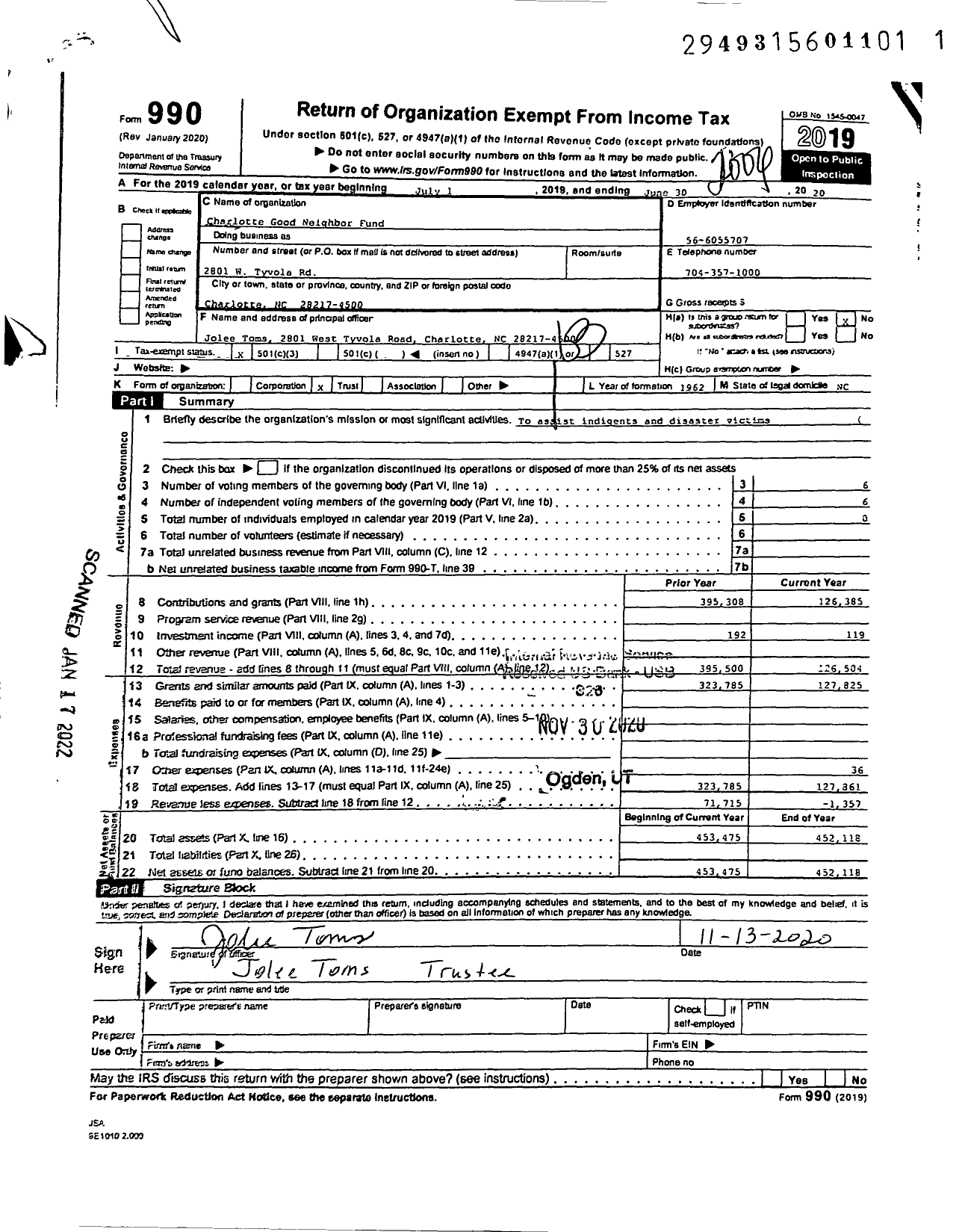 Image of first page of 2019 Form 990 for Charlotte Good Neighbor Fund