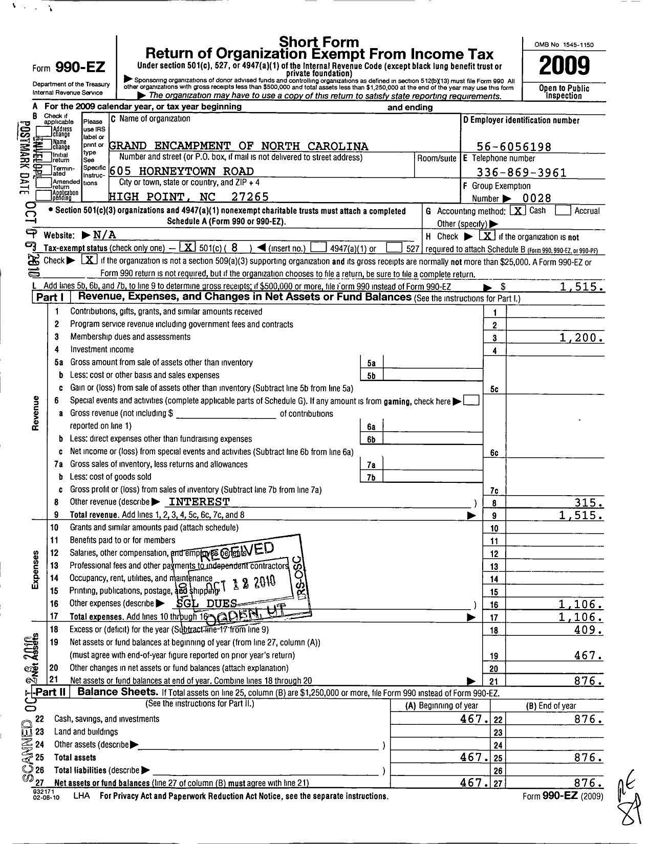 Image of first page of 2009 Form 990EO for Independent Order of Odd Fellows - North Caolina Grand Encapment