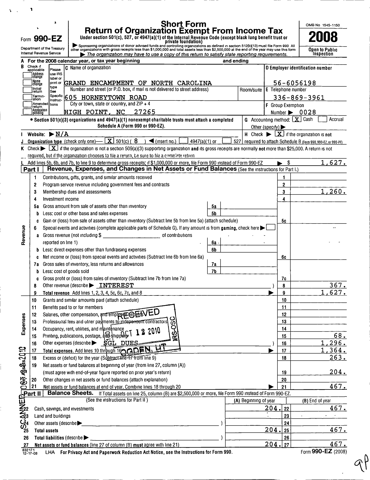 Image of first page of 2008 Form 990EO for Independent Order of Odd Fellows - North Caolina Grand Encapment