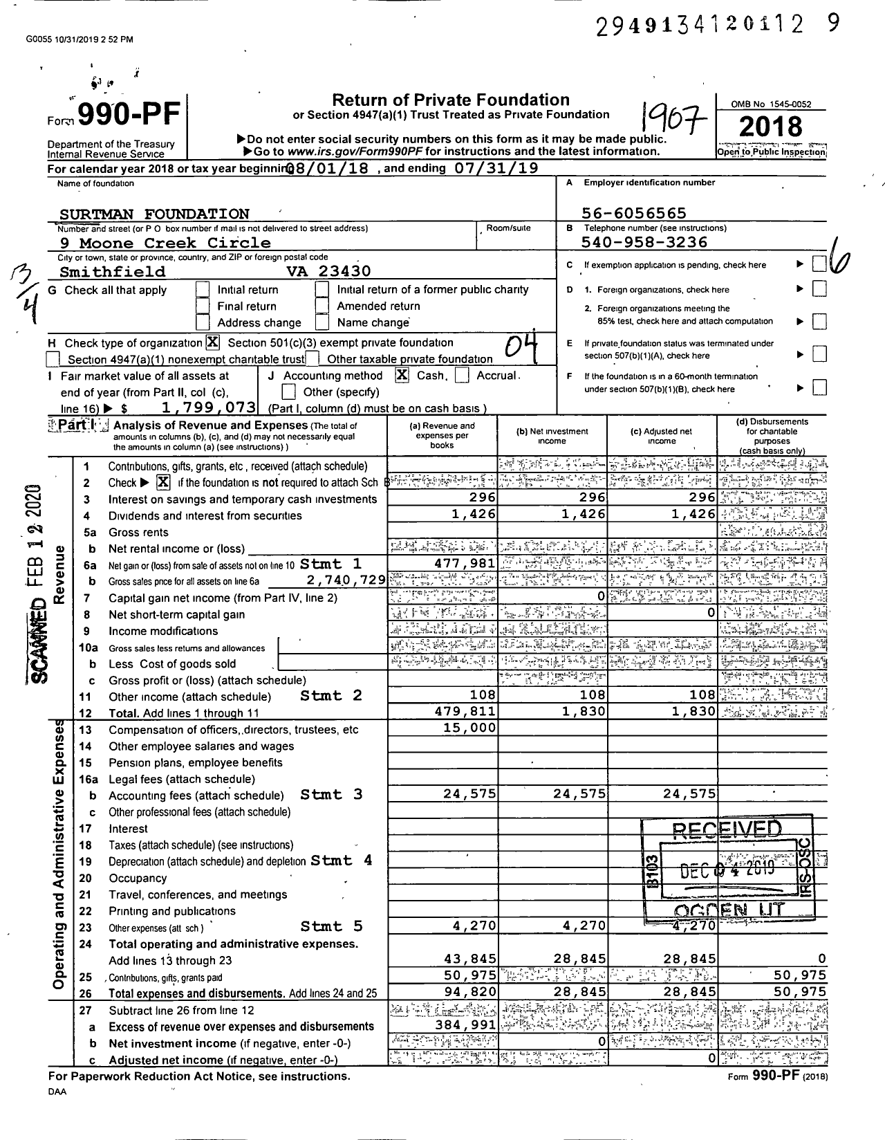 Image of first page of 2018 Form 990PF for Surtman Foundation
