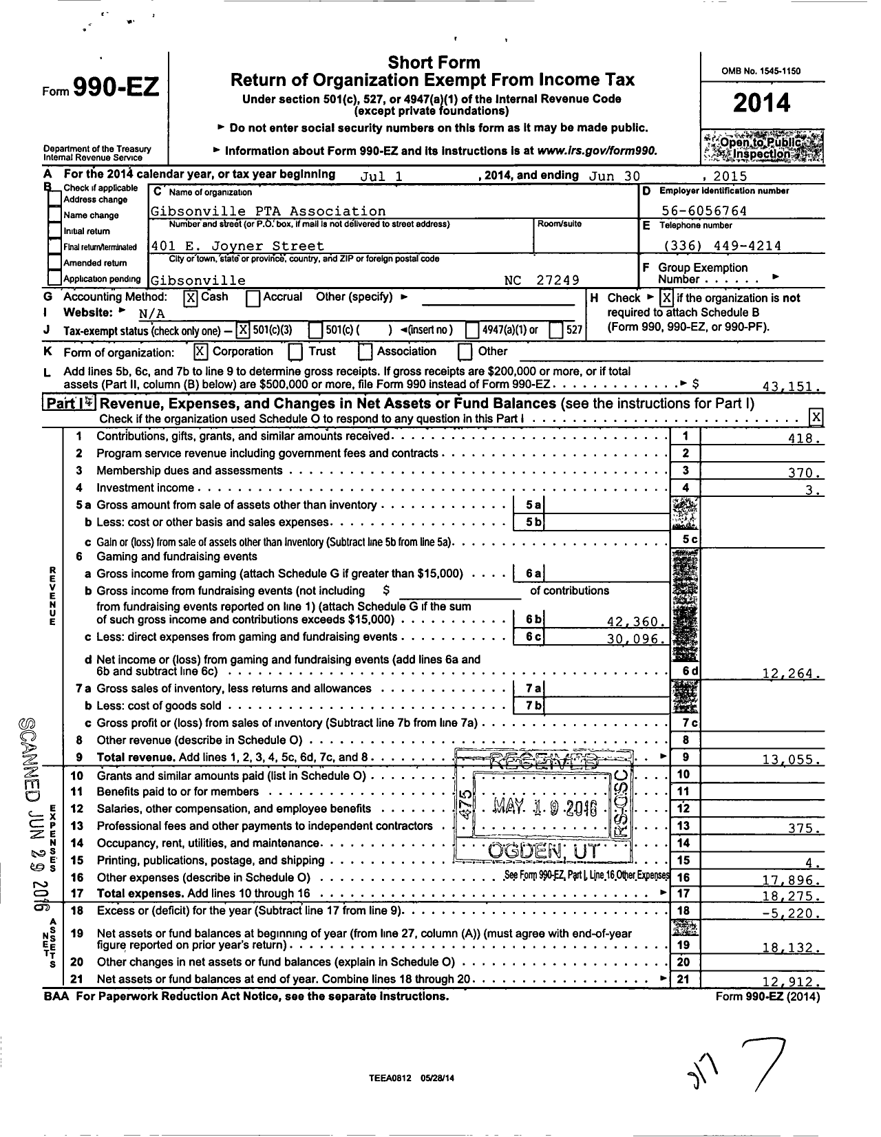 Image of first page of 2014 Form 990EZ for North Carolina PTA - Gibsonville Elementary PTA