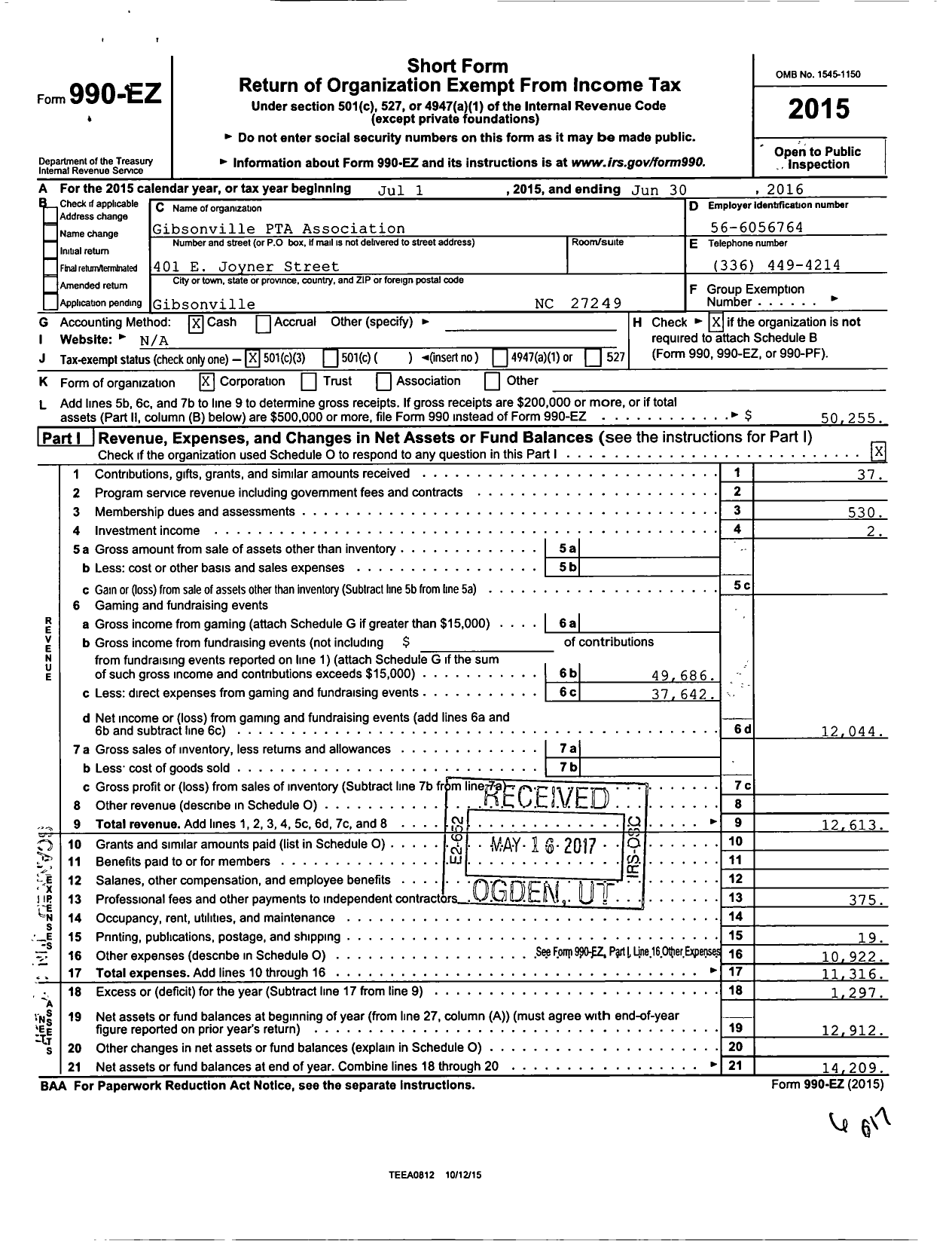 Image of first page of 2015 Form 990EZ for North Carolina PTA - Gibsonville Elementary PTA