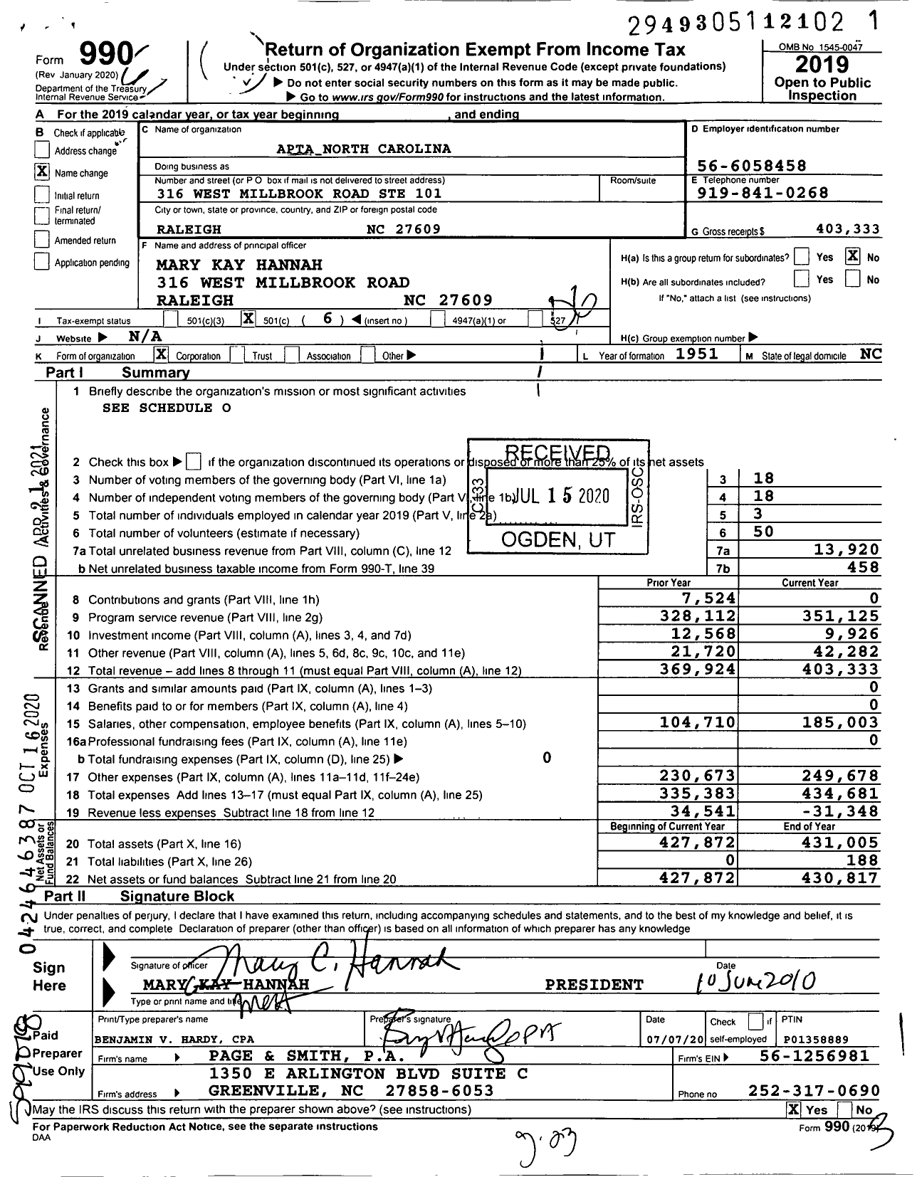 Image of first page of 2019 Form 990O for Apta North Carolina