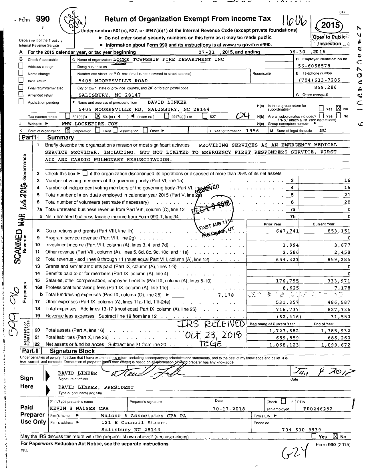 Image of first page of 2015 Form 990O for Locke Township Fire Department