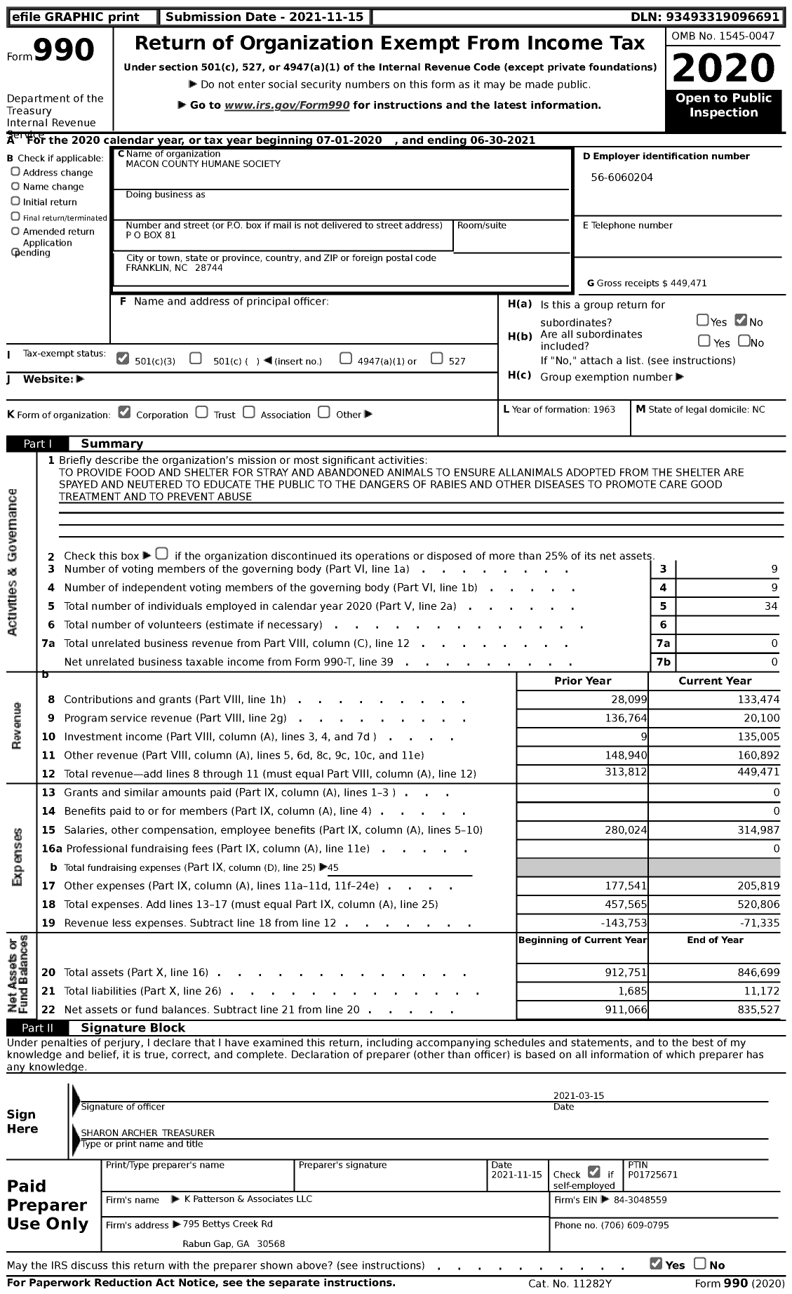 Image of first page of 2020 Form 990 for Macon County Humane Society