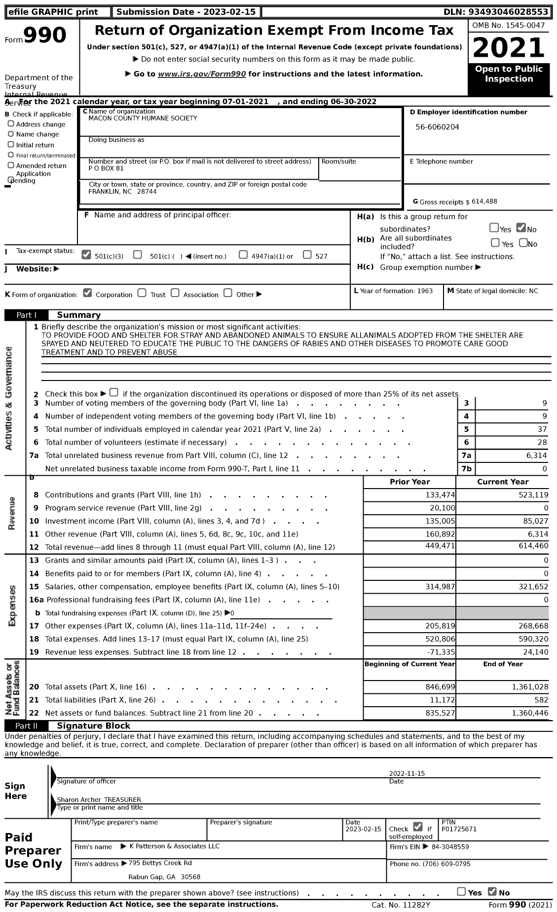 Image of first page of 2021 Form 990 for Macon County Humane Society
