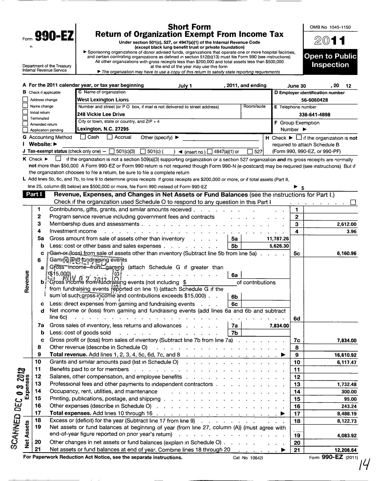 Image of first page of 2011 Form 990EO for Lions Clubs - 11550 West Lexington