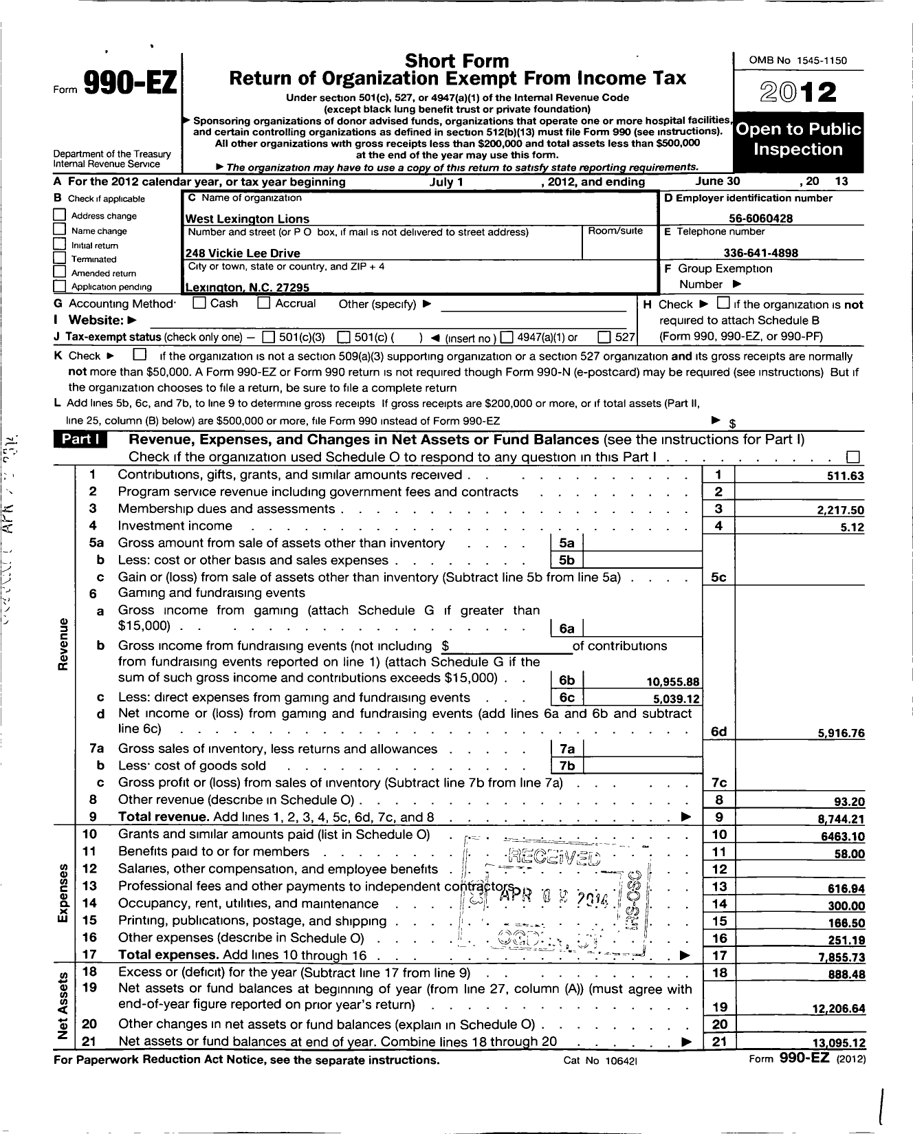 Image of first page of 2012 Form 990EO for Lions Clubs - 11550 West Lexington