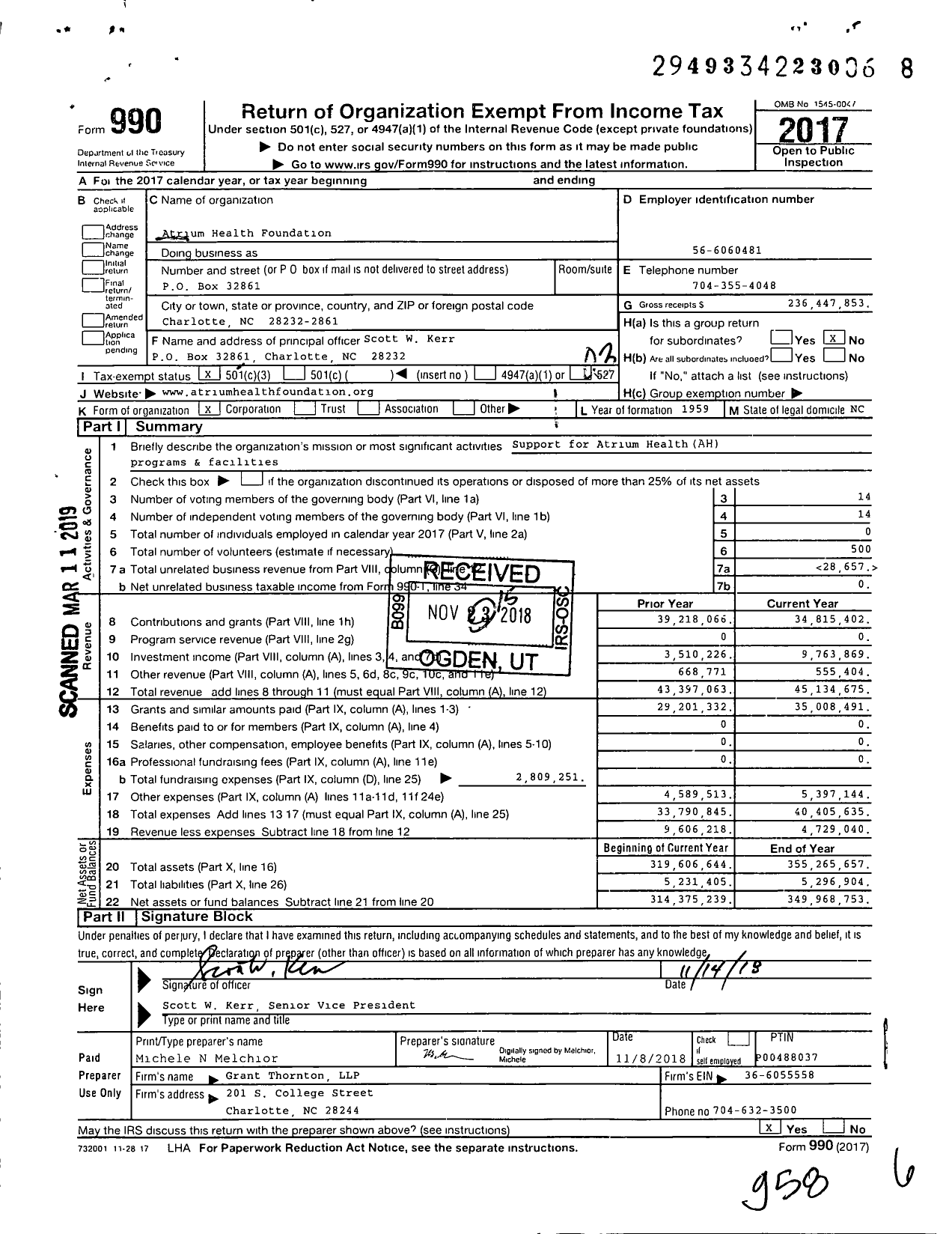Image of first page of 2017 Form 990 for Atrium Healthcare Foundation