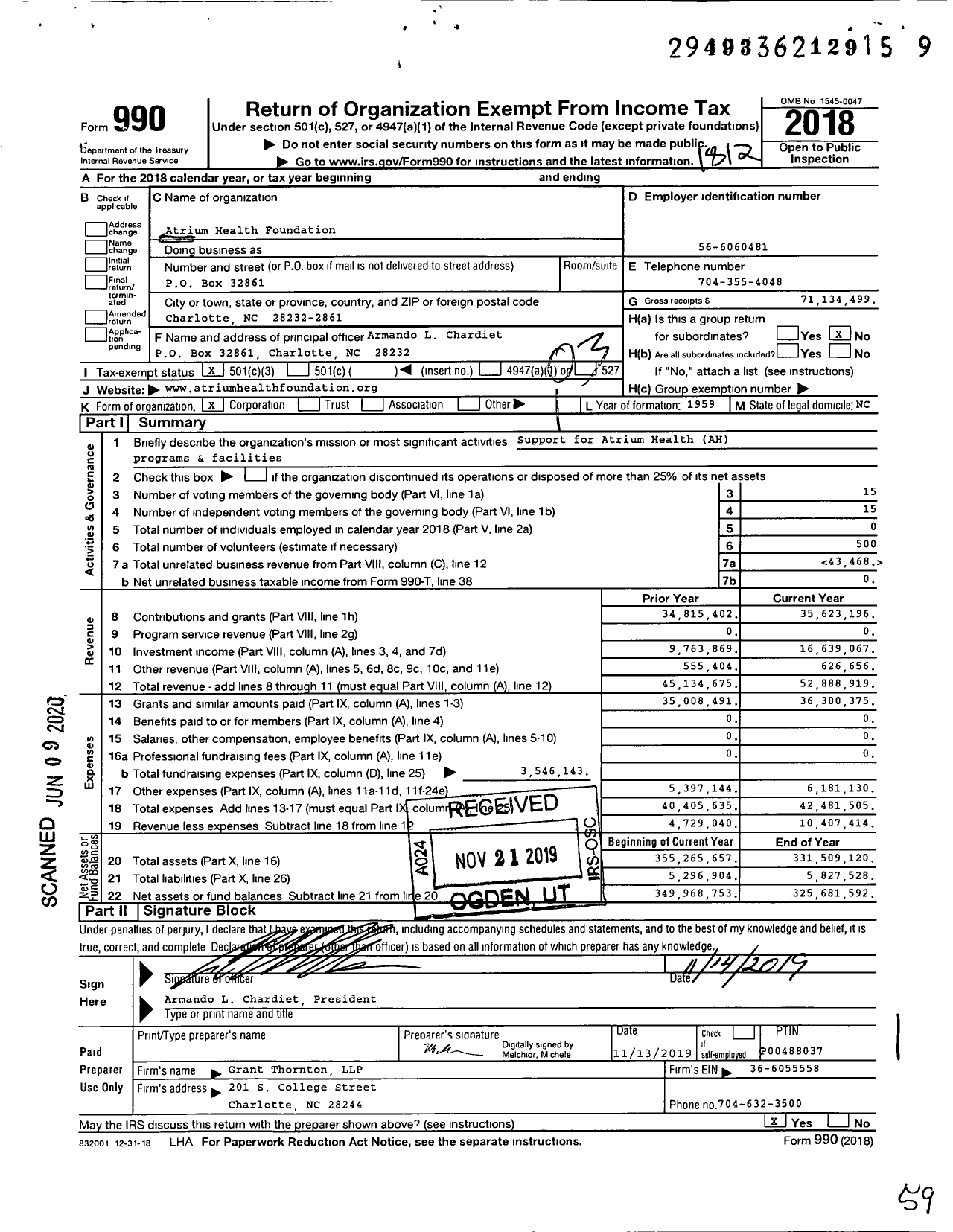 Image of first page of 2018 Form 990 for Atrium Healthcare Foundation