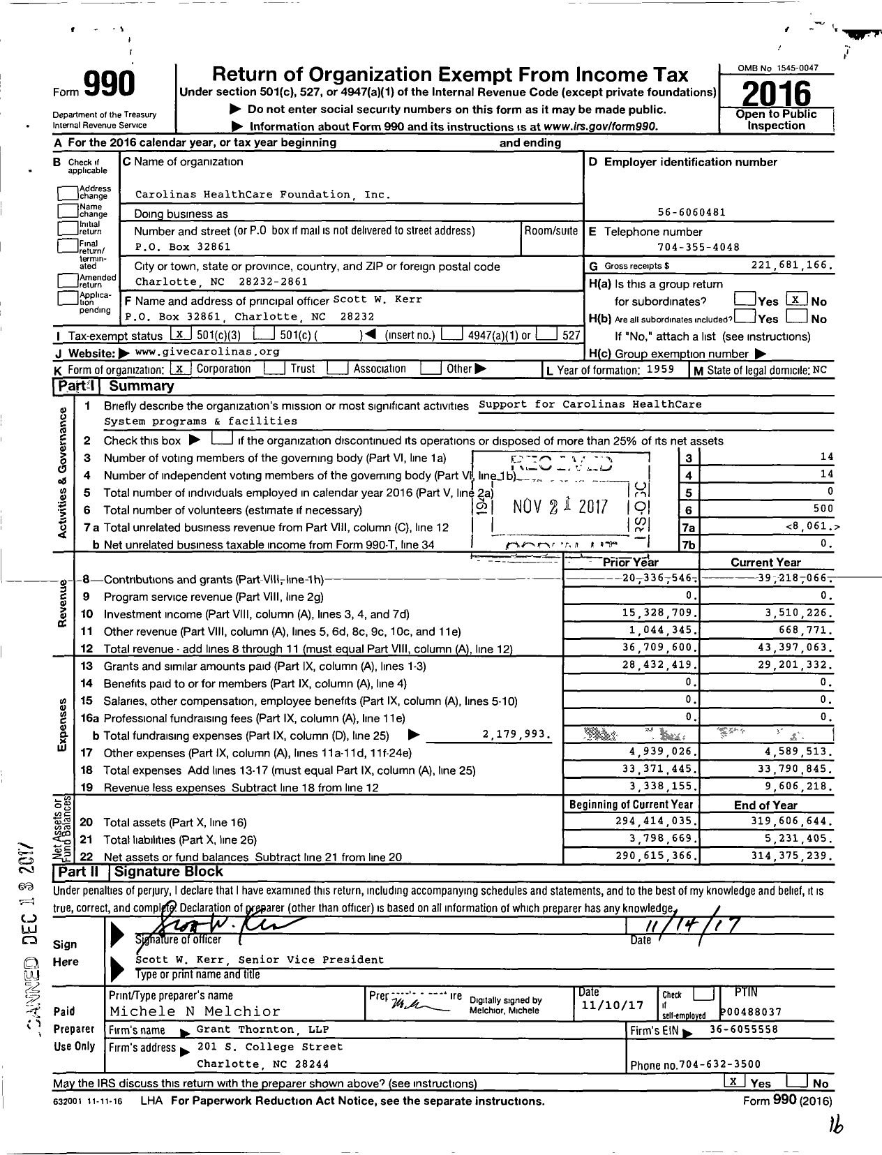 Image of first page of 2016 Form 990 for Atrium Healthcare Foundation