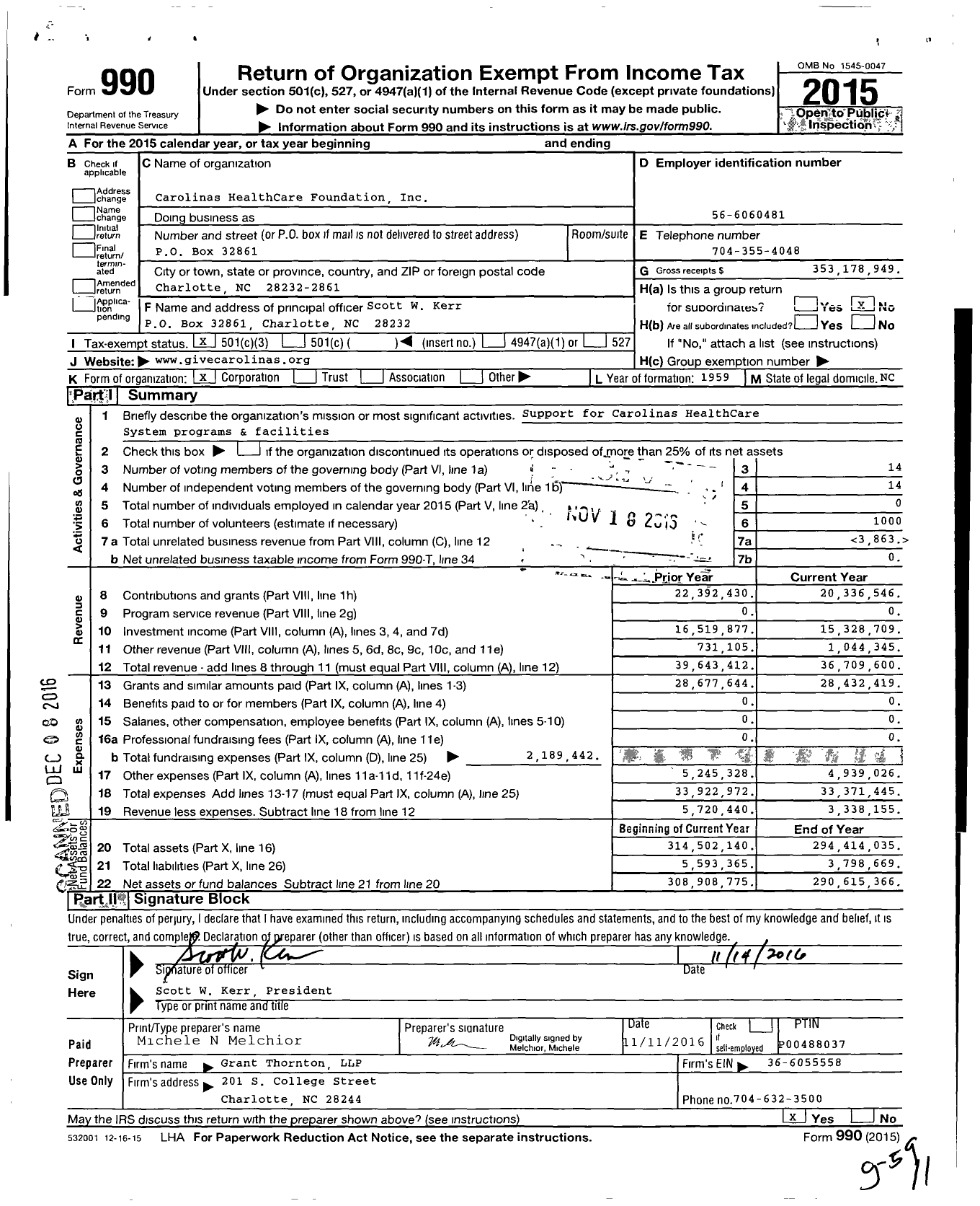 Image of first page of 2015 Form 990 for Atrium Healthcare Foundation