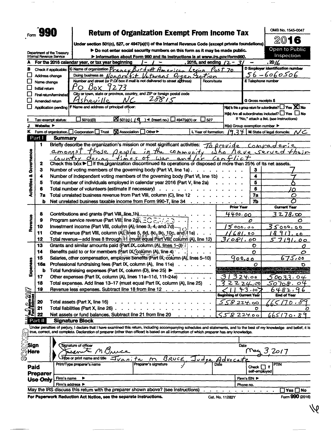Image of first page of 2016 Form 990O for Francy Burdett American Legion Post 70