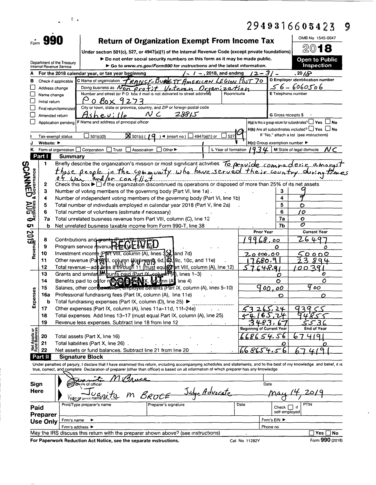 Image of first page of 2018 Form 990O for American Legion - 70 Francy-Burdett
