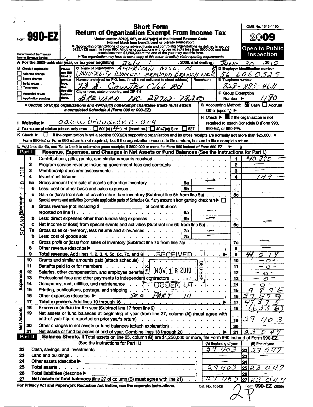 Image of first page of 2009 Form 990EO for American Association of University Women of NC- Brevard Branch