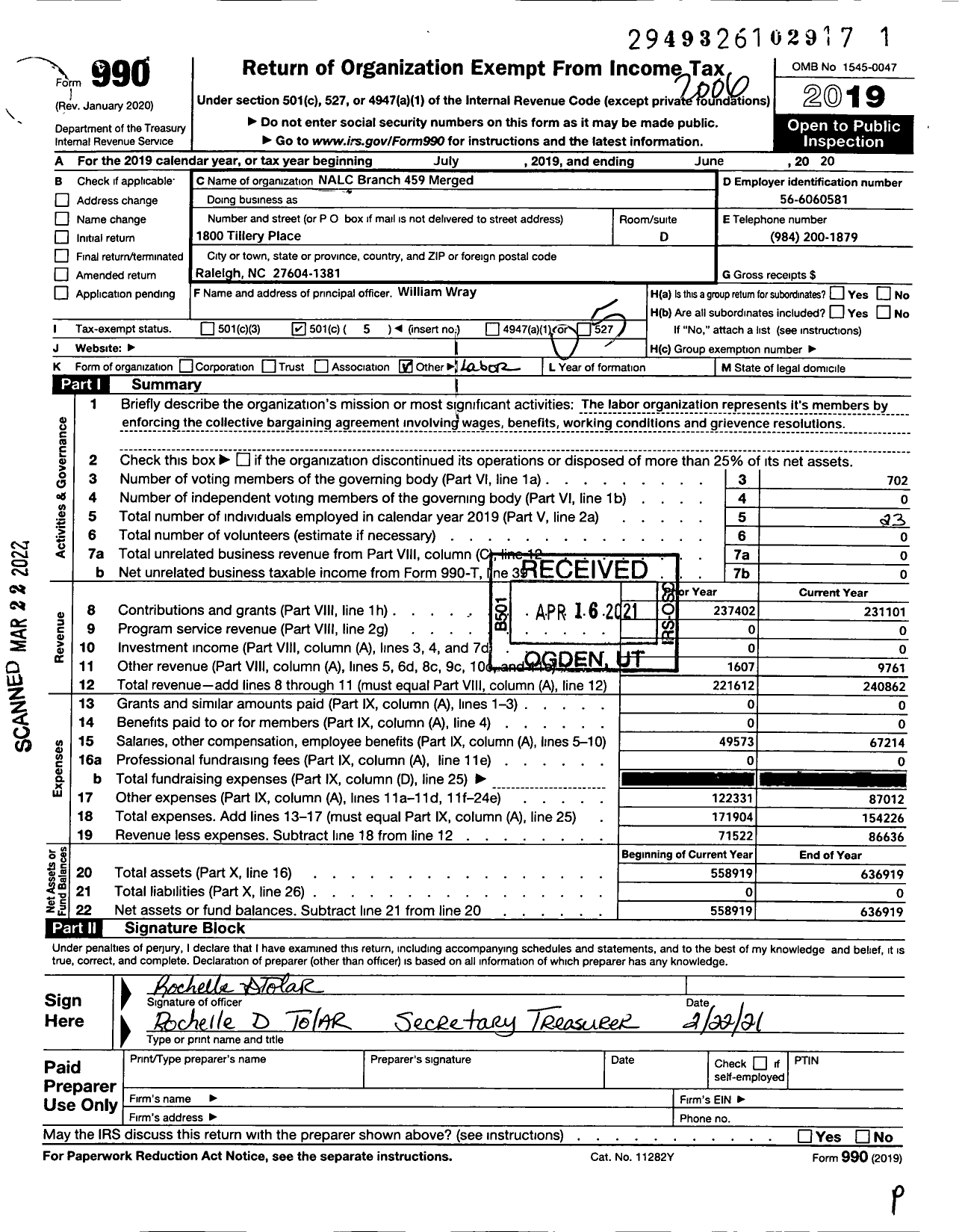 Image of first page of 2019 Form 990O for National Association of Letter Carriers - 459 Raleigh North Carolina