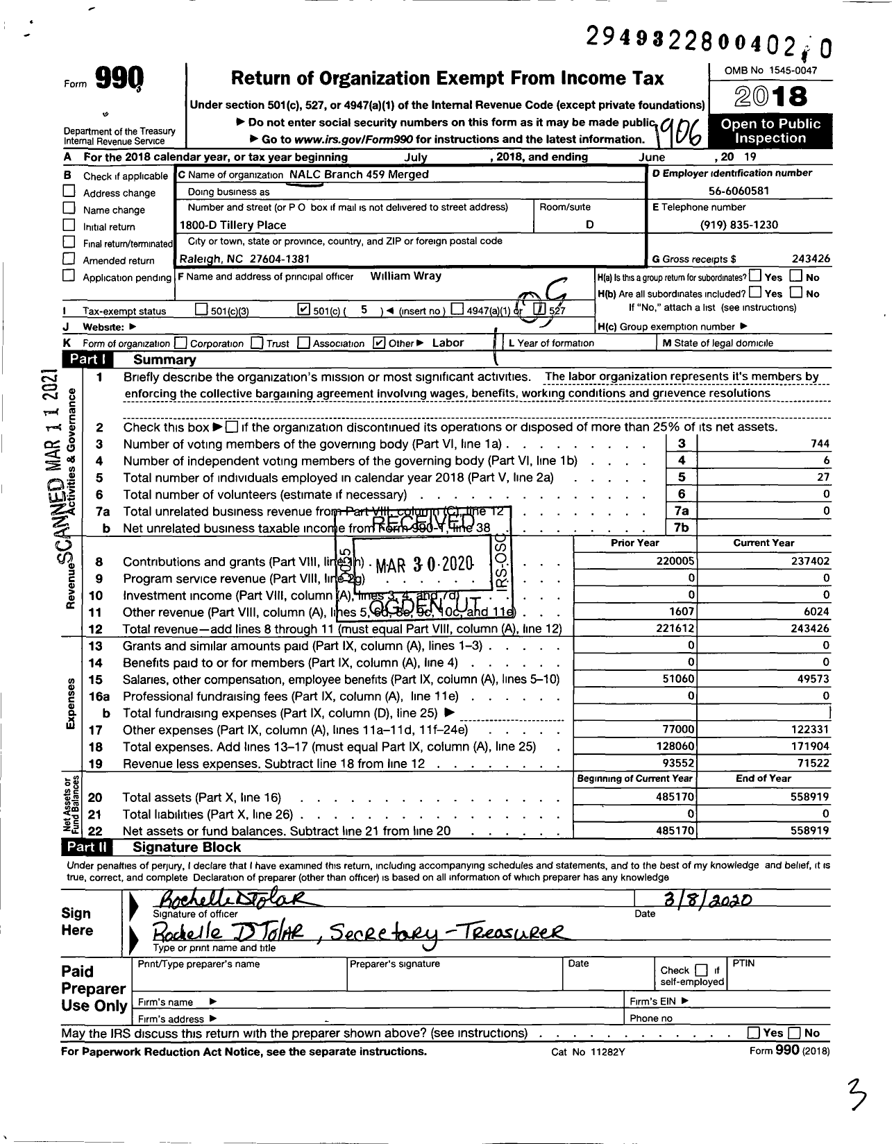 Image of first page of 2018 Form 990O for National Association of Letter Carriers - 459 Raleigh North Carolina