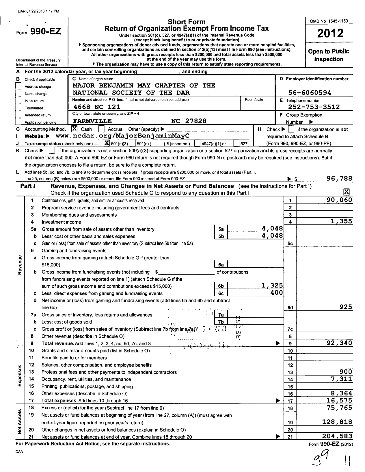 Image of first page of 2012 Form 990EZ for Daughters of the American Revolution - Major Benjamin May Dar