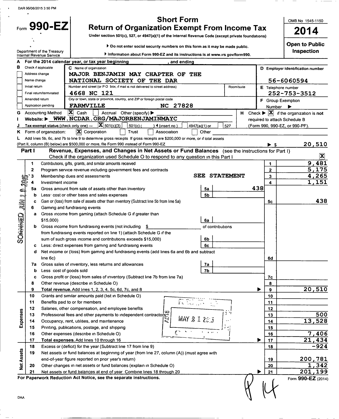 Image of first page of 2014 Form 990EZ for Daughters of the American Revolution - Major Benjamin May Dar