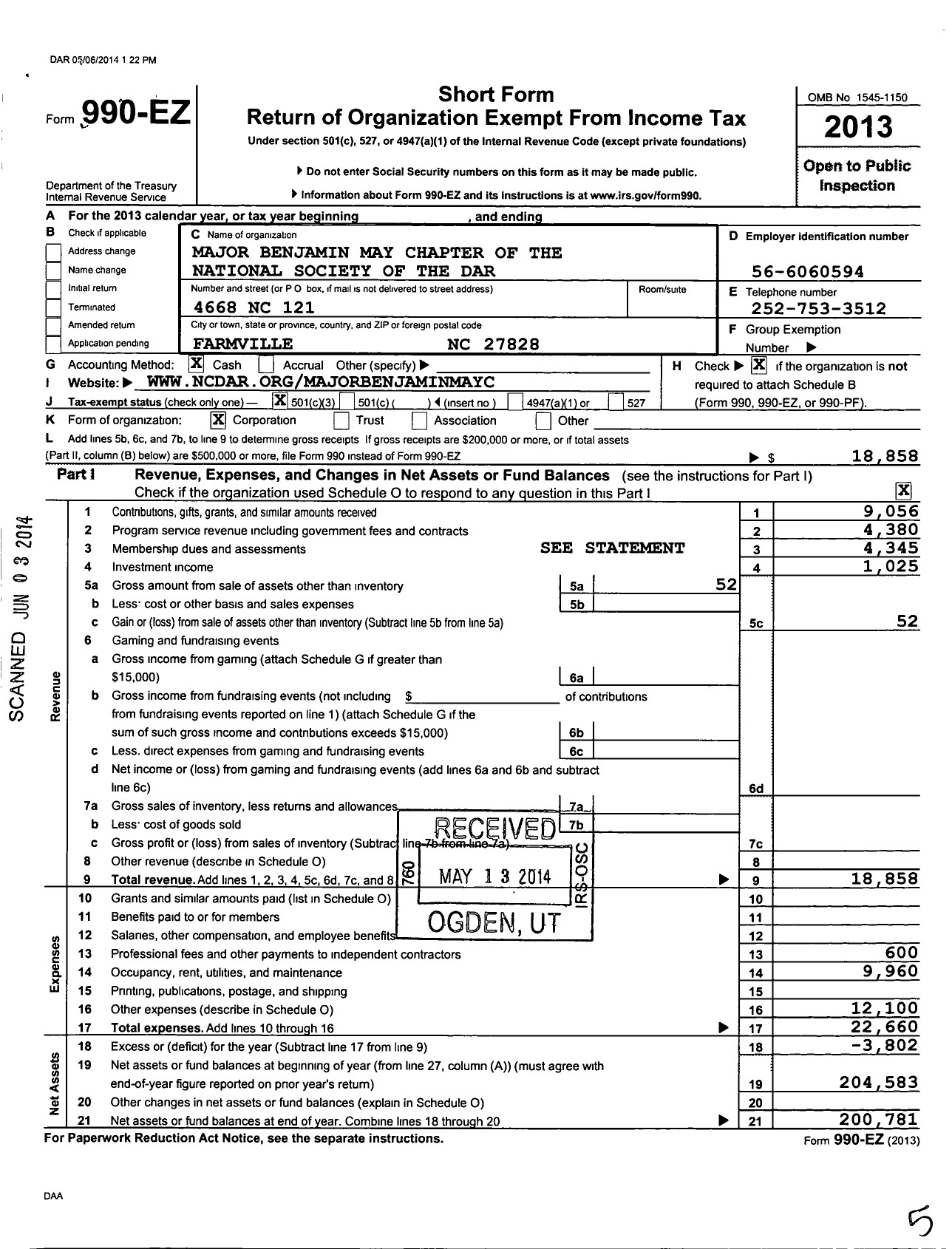 Image of first page of 2013 Form 990EZ for Daughters of the American Revolution - Major Benjamin May Dar