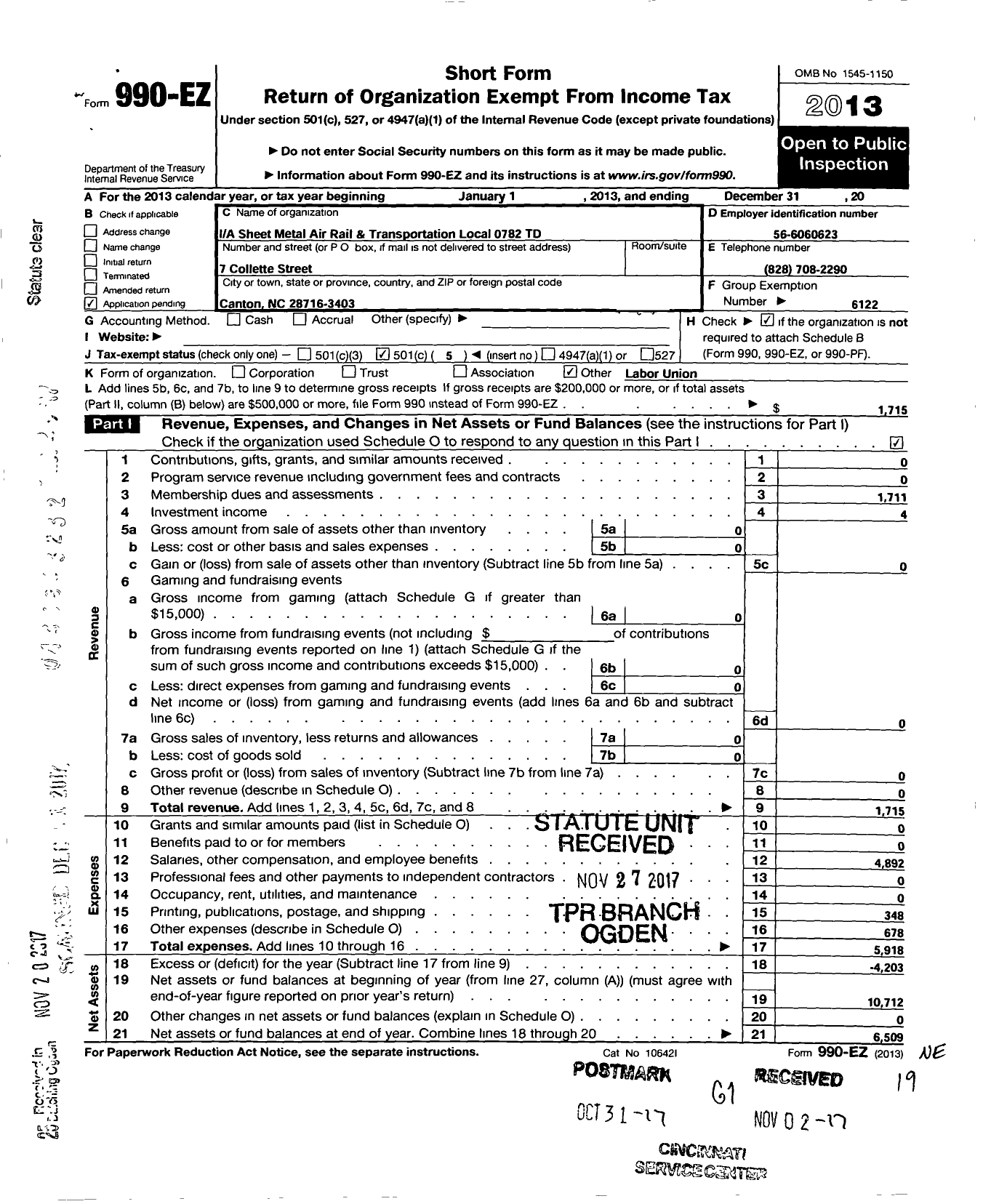 Image of first page of 2013 Form 990EO for Smart Transportation Division Local No 0782