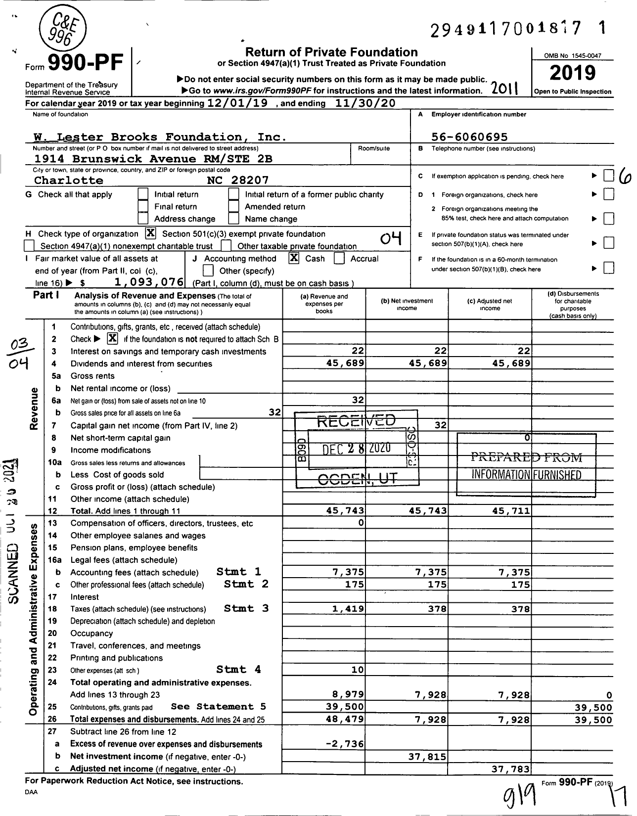 Image of first page of 2019 Form 990PF for W Lester Brooks Foundation