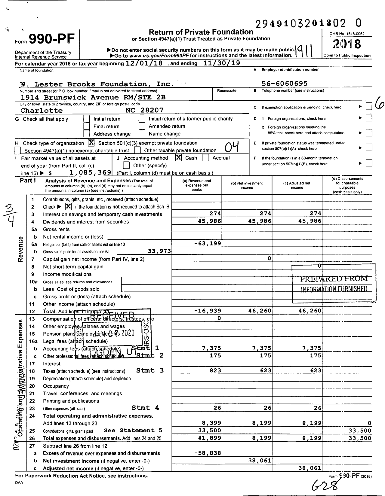 Image of first page of 2018 Form 990PR for W Lester Brooks Foundation