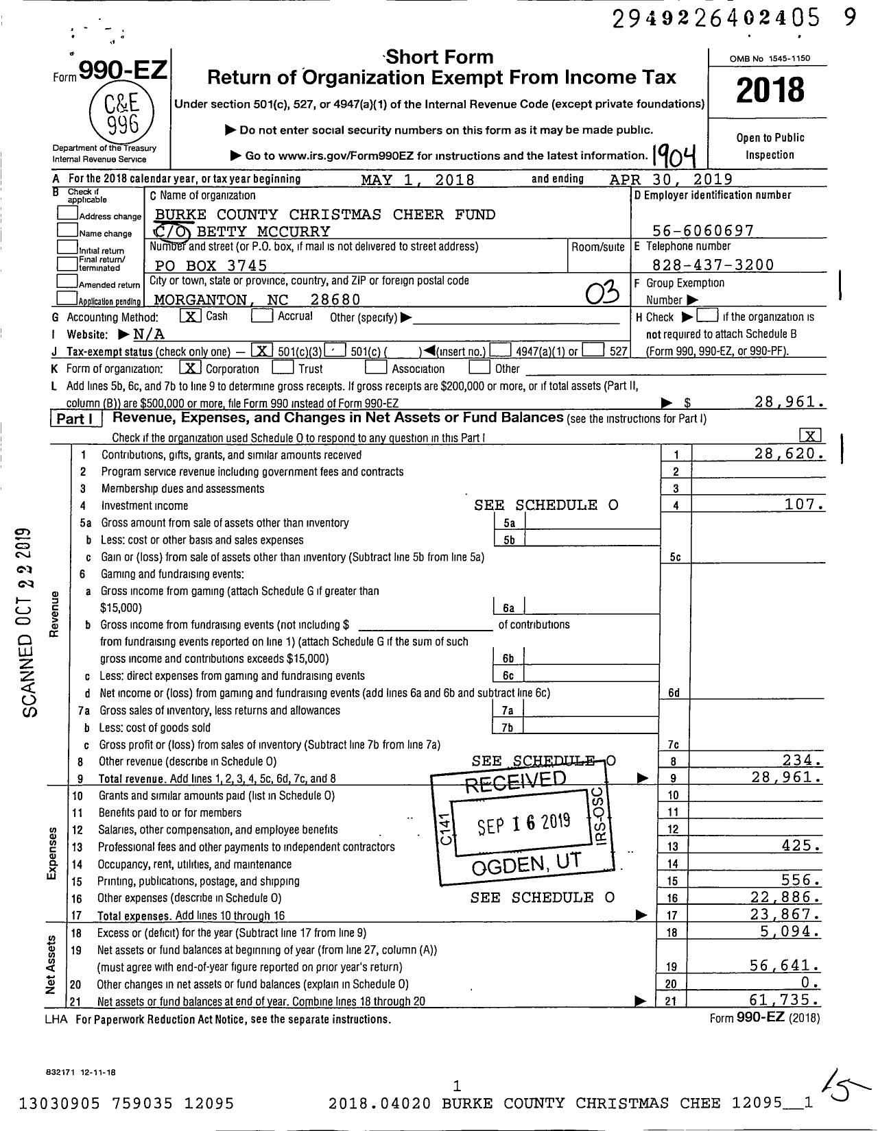 Image of first page of 2018 Form 990EZ for Burke County Christmas Cheer Fund