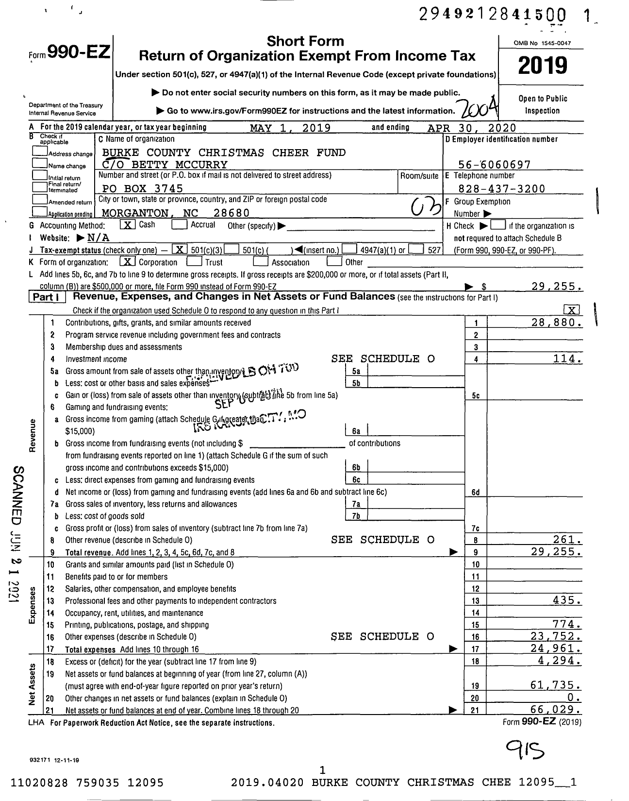 Image of first page of 2019 Form 990EZ for Burke County Christmas Cheer Fund